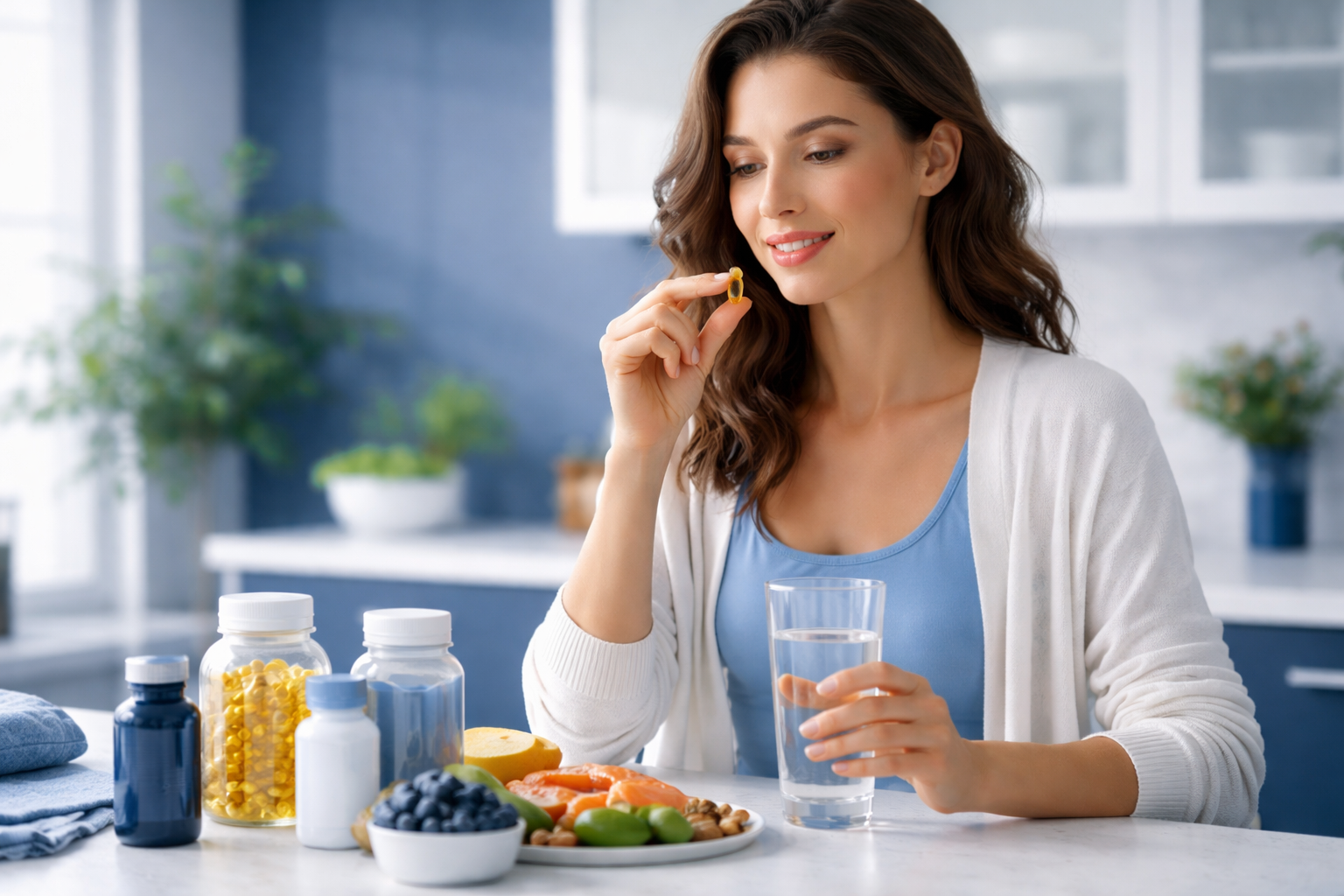 Woman holding supplement capsule near healthy food and water glass