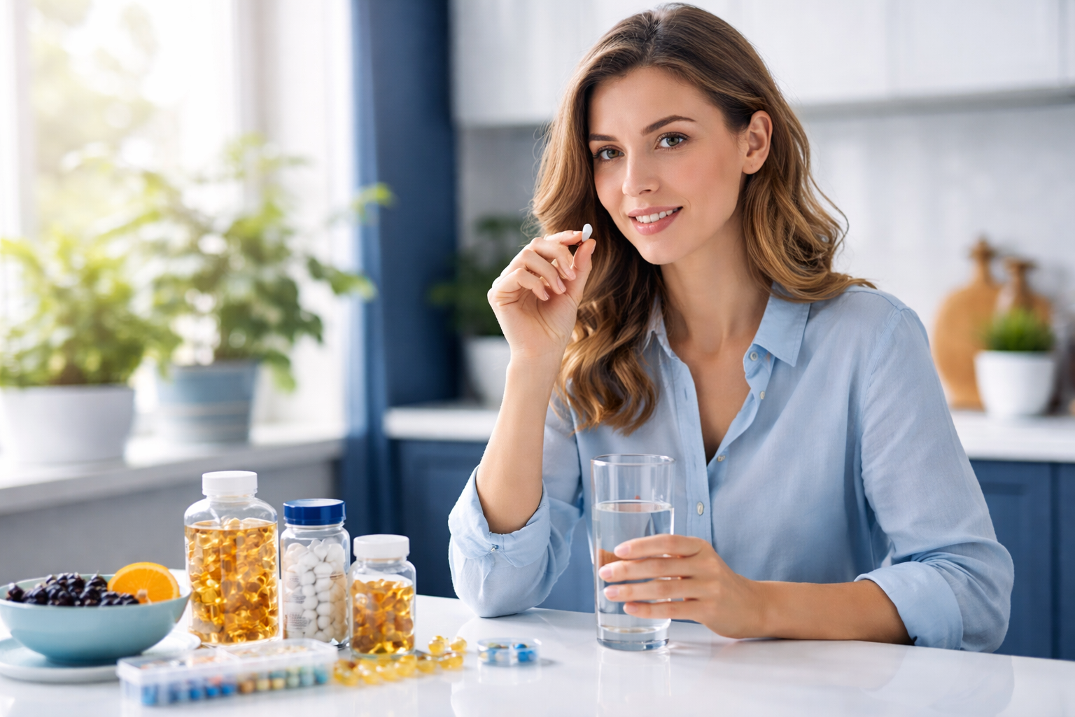 Woman holding a pill with glass of water and supplement bottles