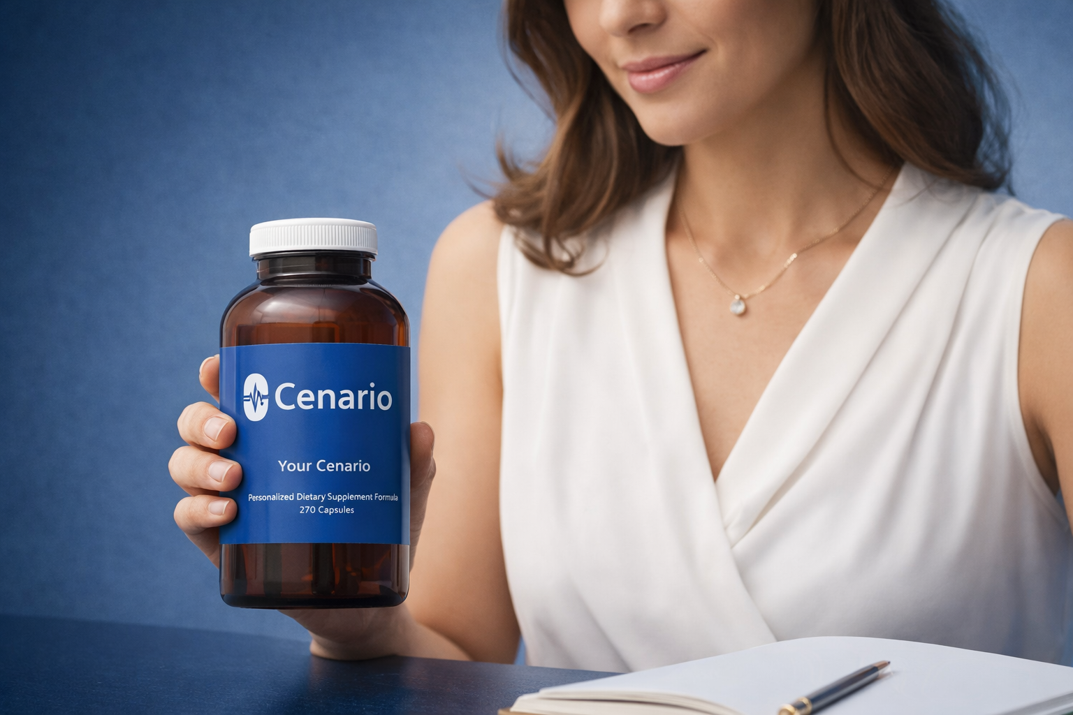 Person holding a bottle of Cenario dietary supplements