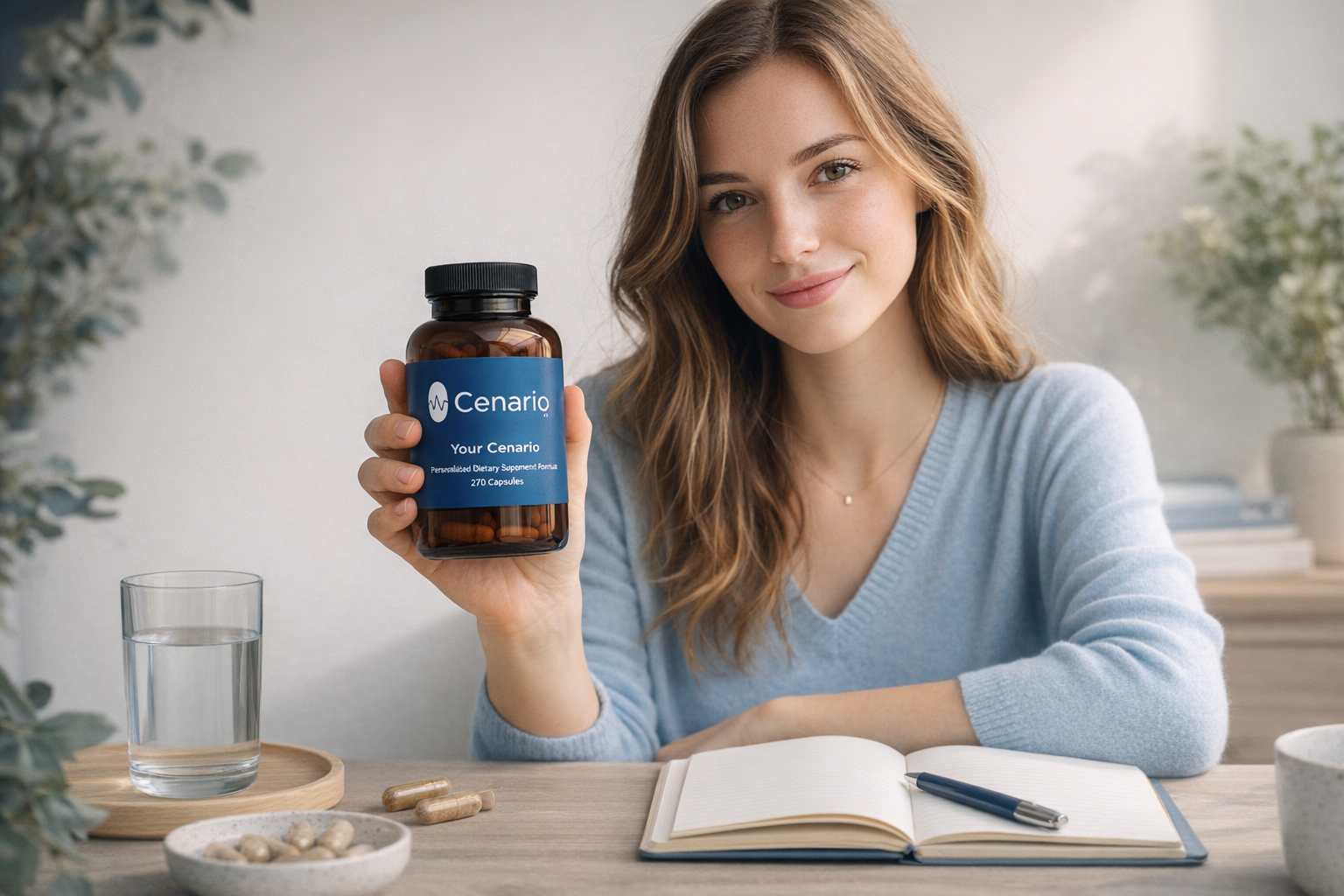 Woman holding Cenario dietary supplement bottle at desk