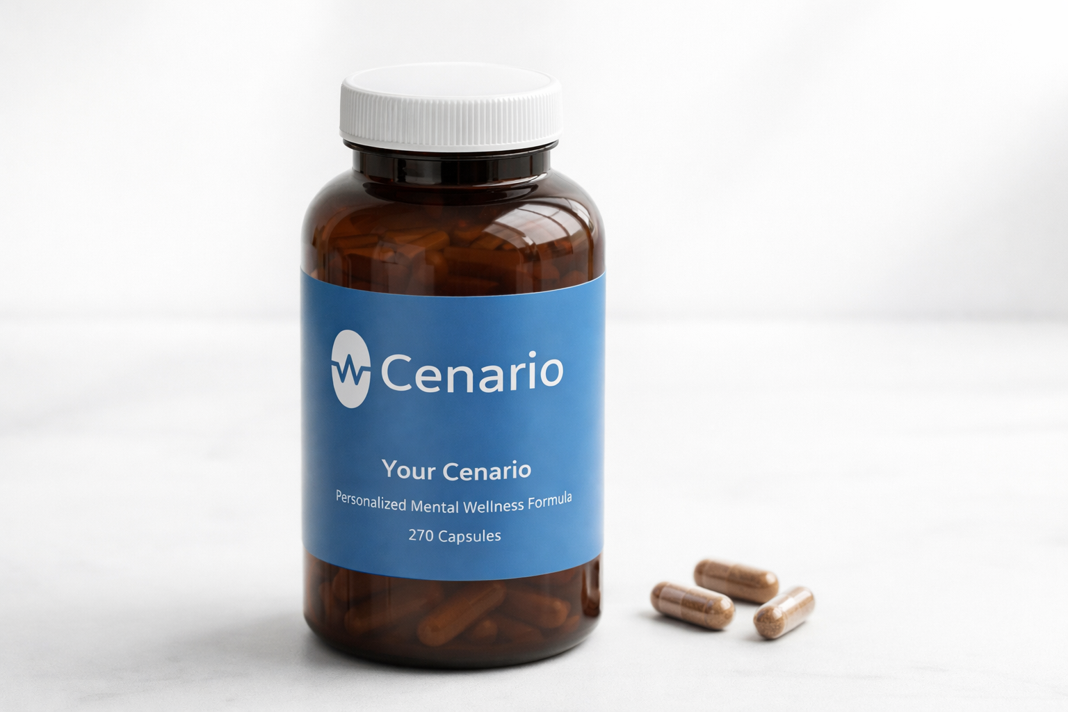 Brown supplement bottle with blue Cenario label and capsules beside it