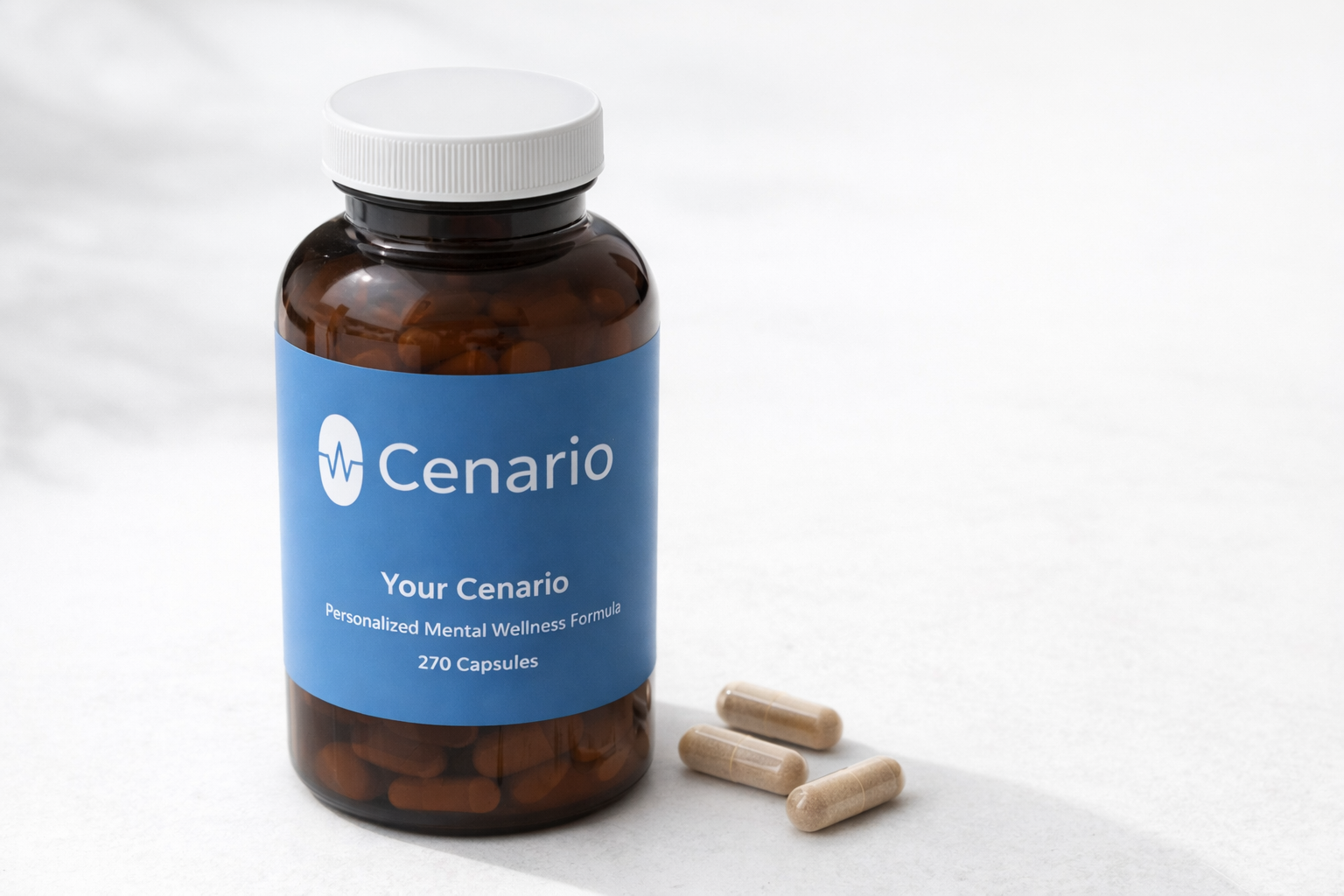 Bottle of Cenario personalized mental wellness capsules with three pills