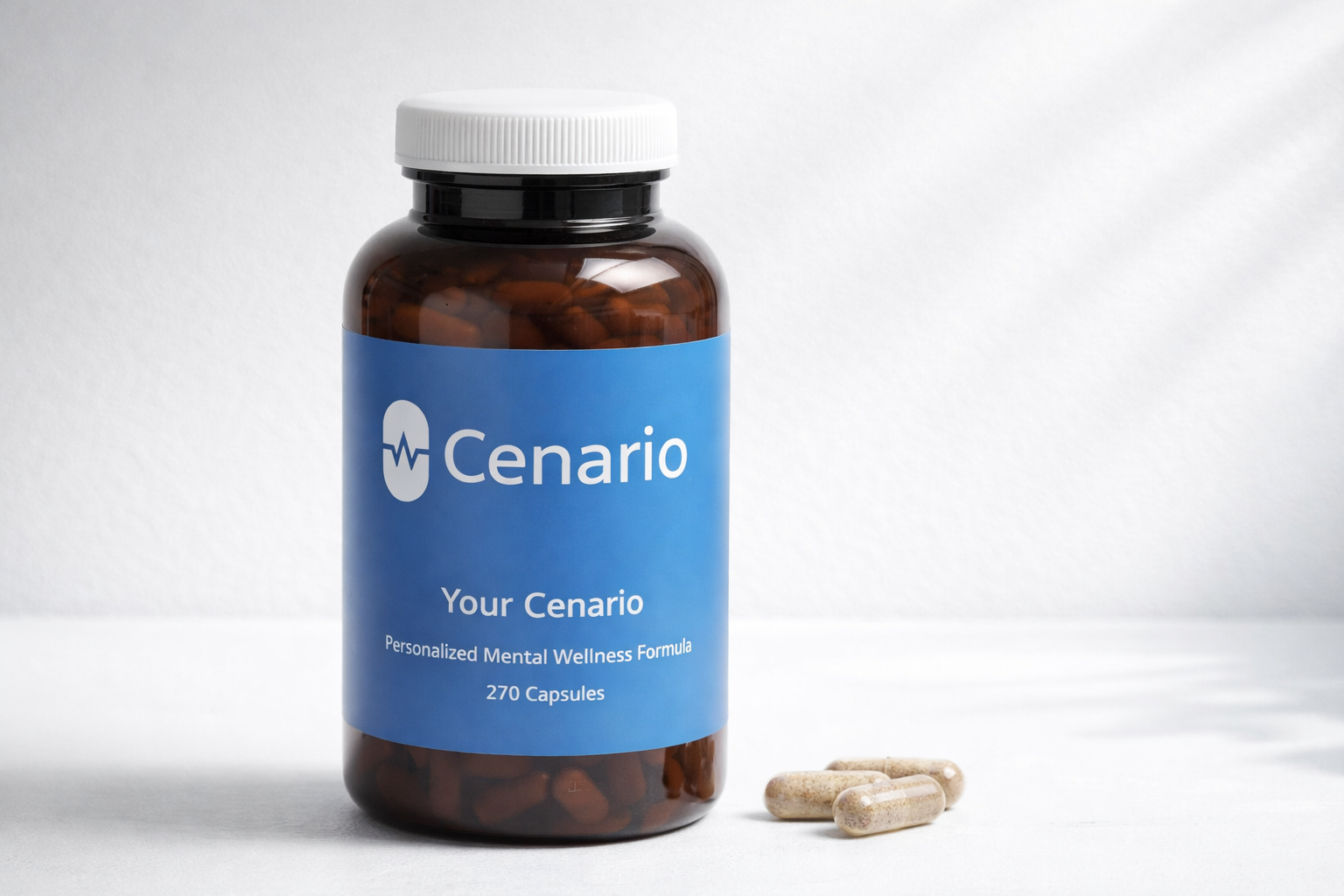 Bottle of Cenario mental wellness capsules with three capsules beside it