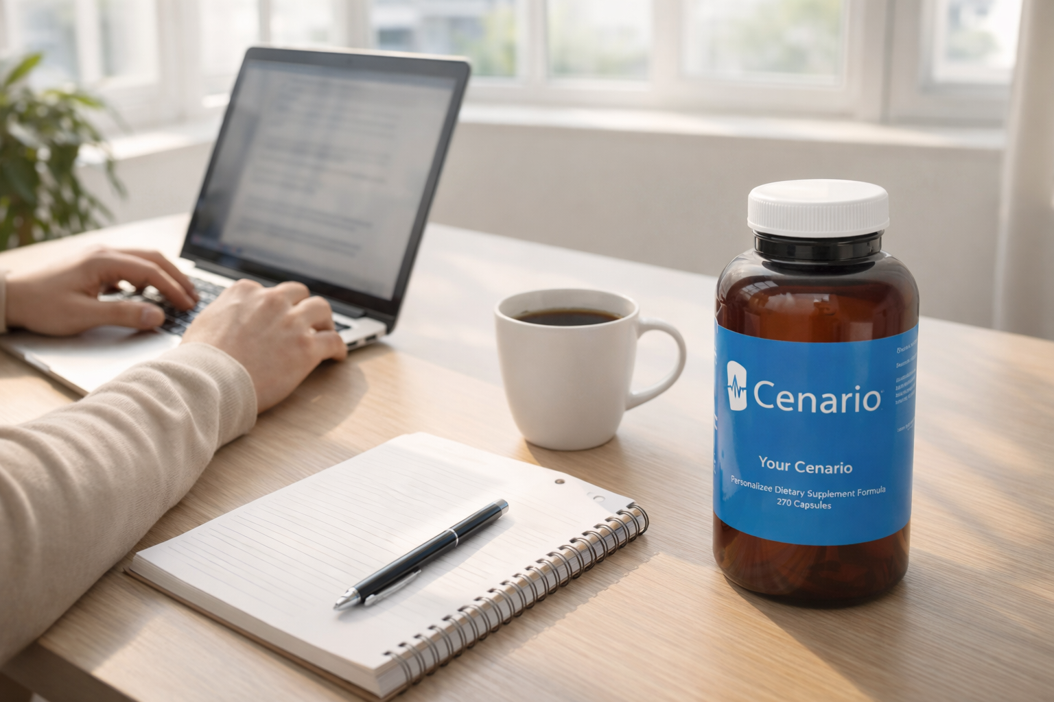 Supplement bottle, notebook, coffee cup, and hands typing on laptop