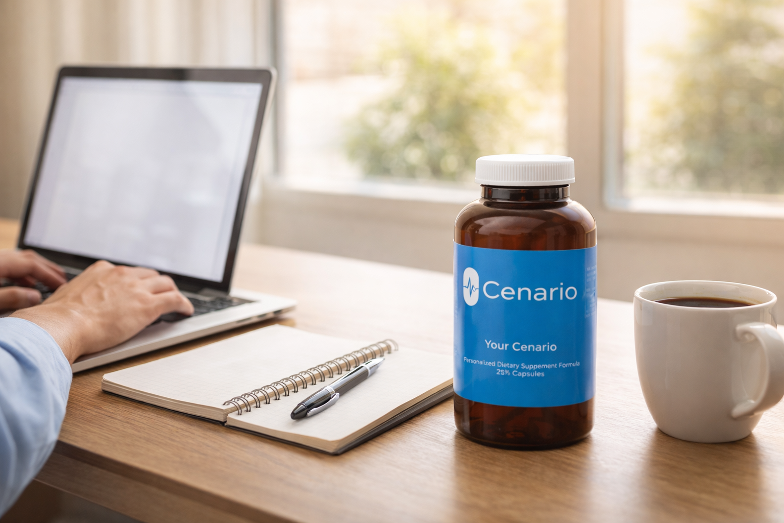 Cenario dietary supplement bottle next to notebook and coffee cup