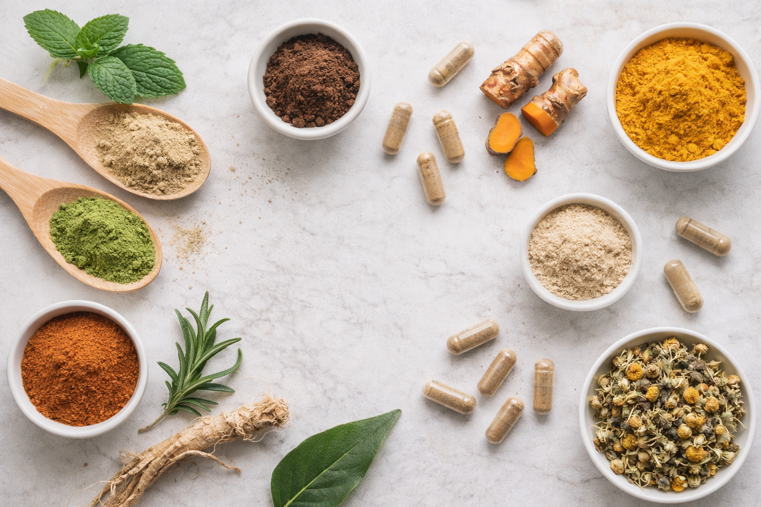 Various herbal powders, dried flowers, roots, capsules, and fresh herbs arranged on a