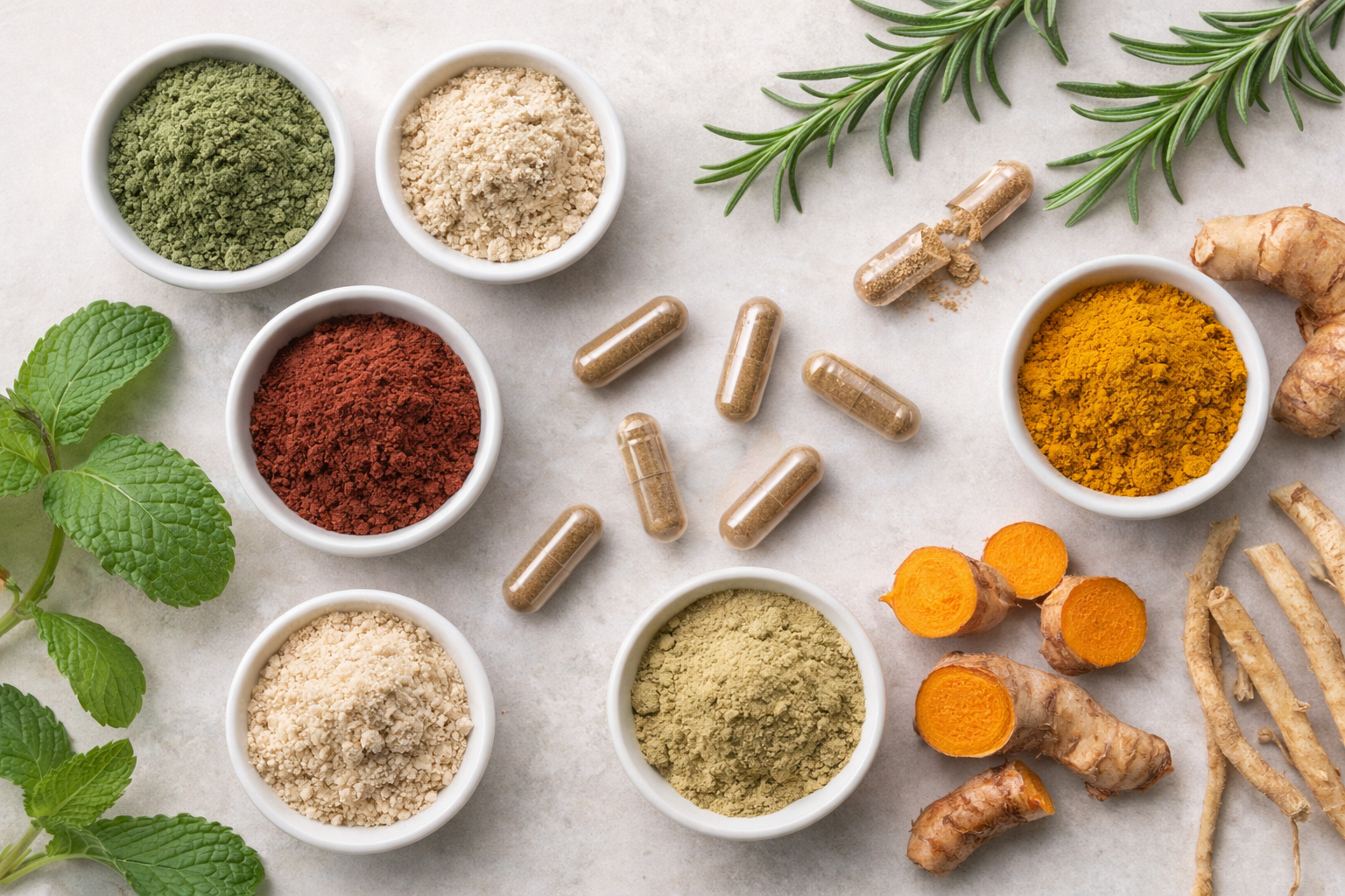 Bowls of herbal powders, capsules, fresh herbs, and turmeric root