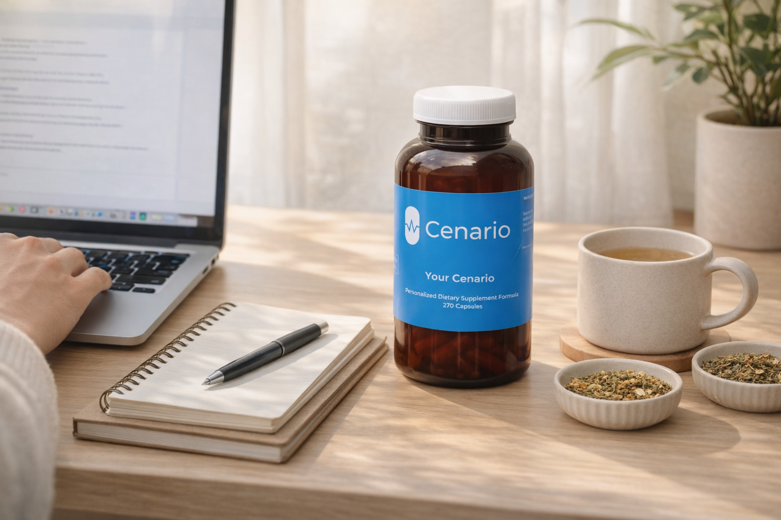Cenario supplement bottle next to notebook, pen, laptop, and tea