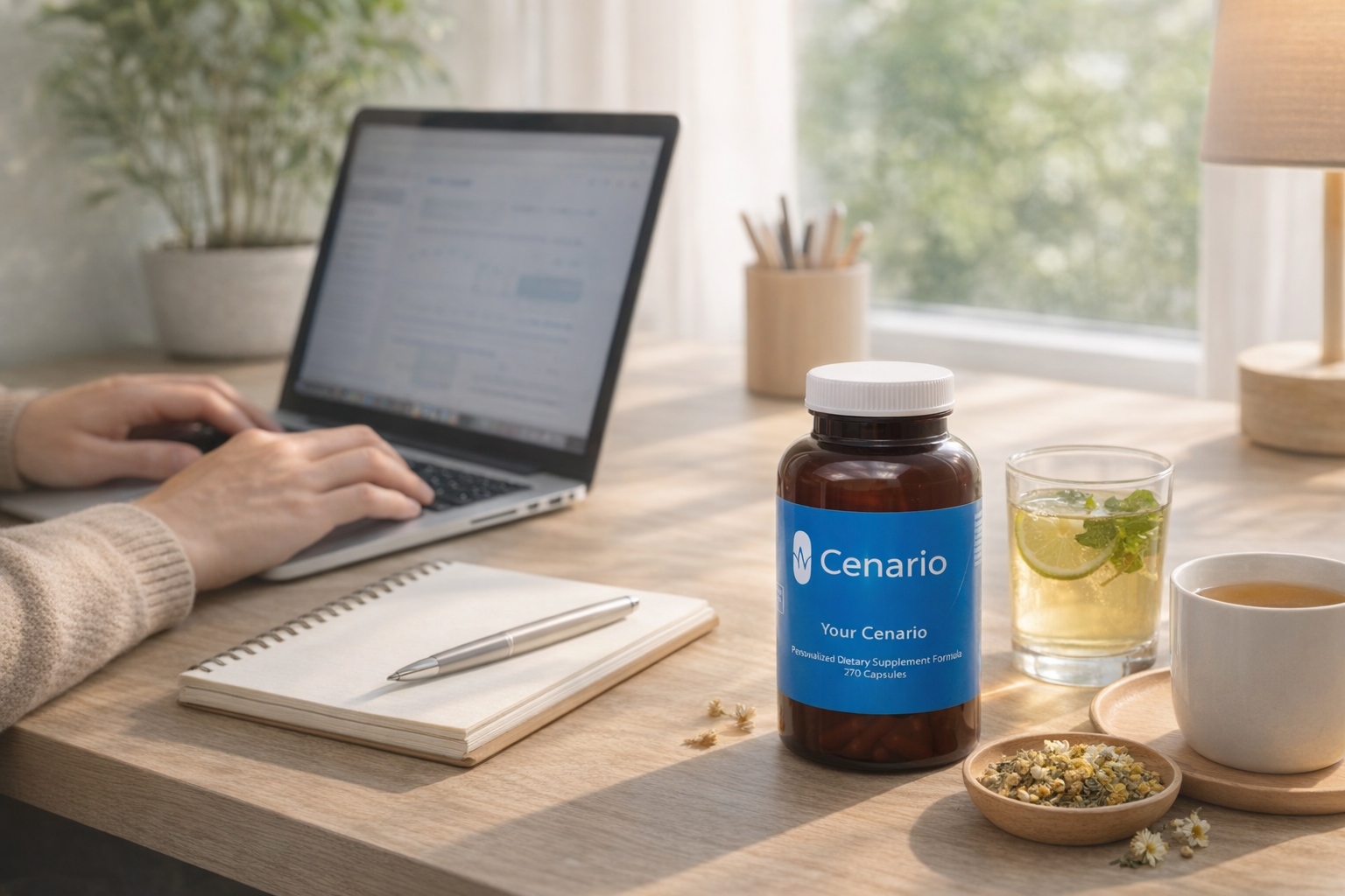 Bottle of Cenario supplements on desk with laptop and tea