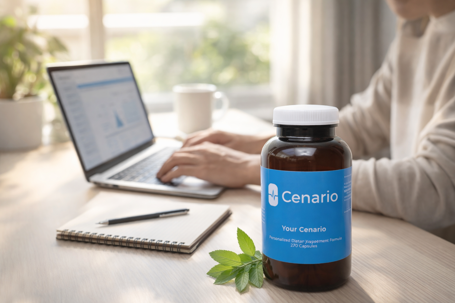 Cenario vitamin supplement bottle on desk with person using laptop