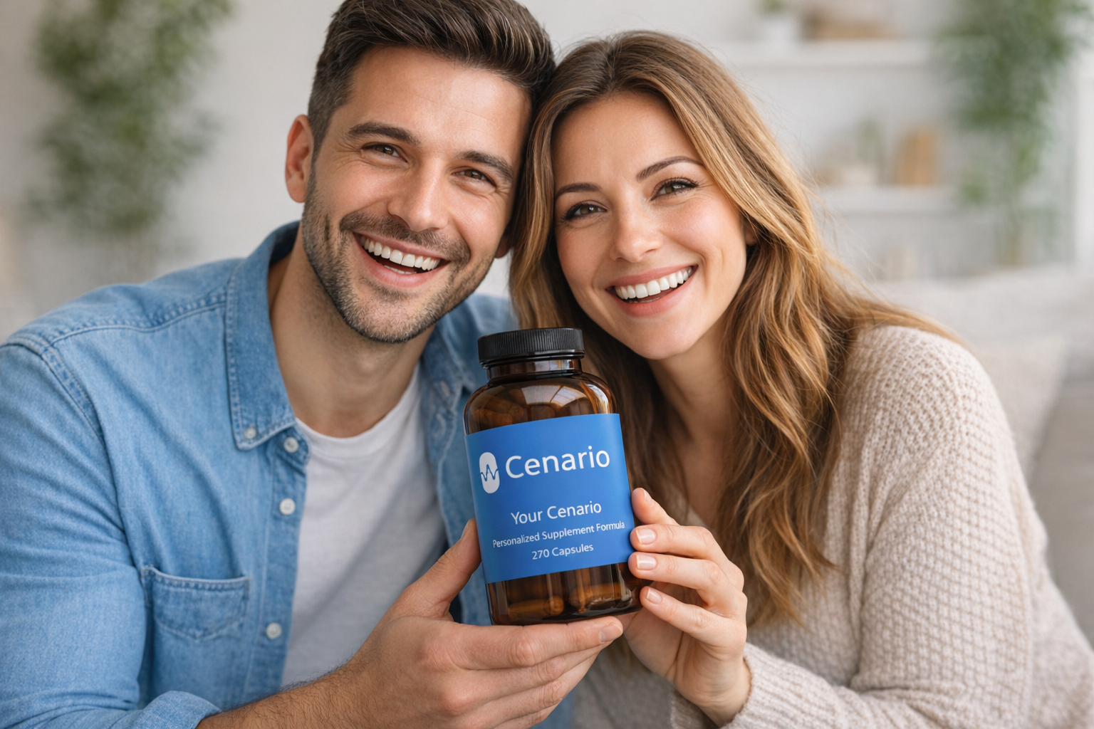 Smiling couple holding a Cenario supplement bottle