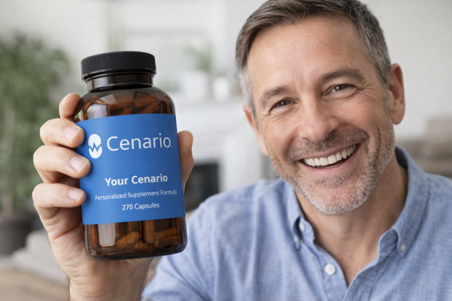 Smiling man holding Cenario supplement bottle with blue label