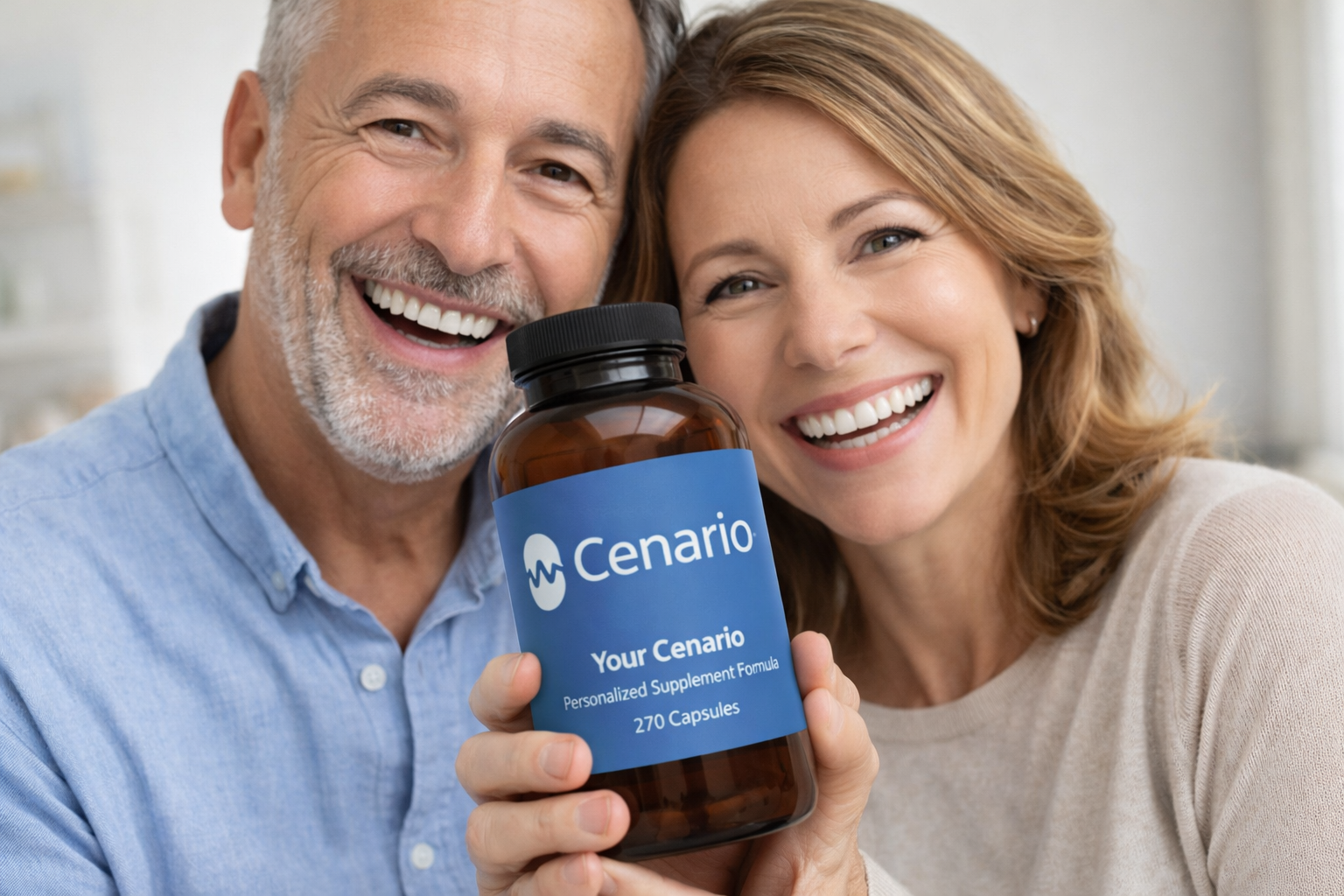 Smiling couple holding Cenario supplement bottle