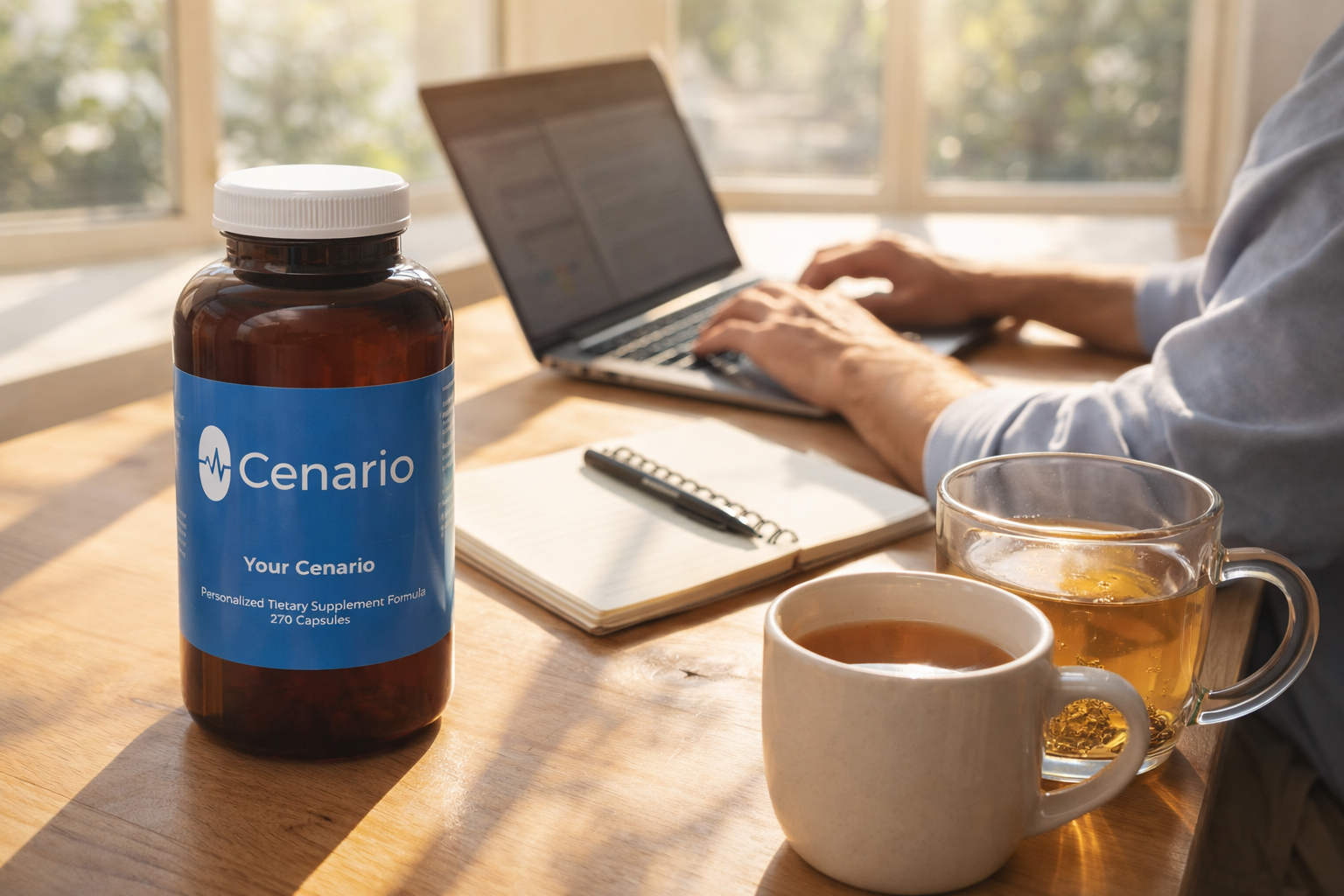 Cenario supplement bottle on desk with tea and laptop