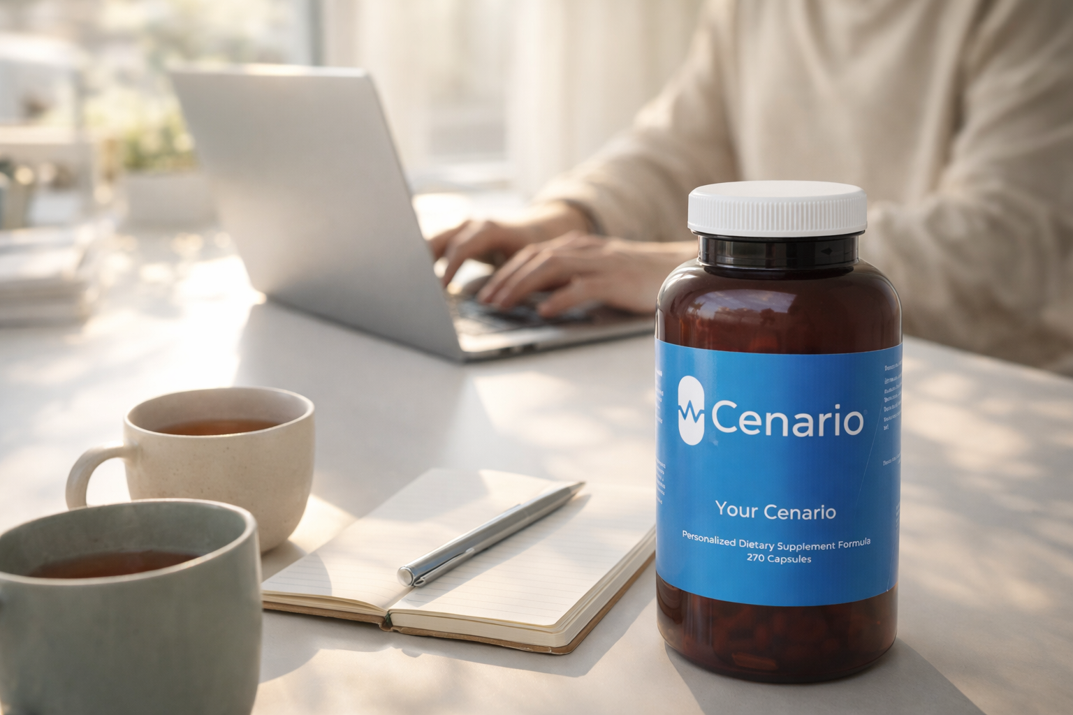Cenario dietary supplement bottle on desk with notebook, pen, cups, and laptop