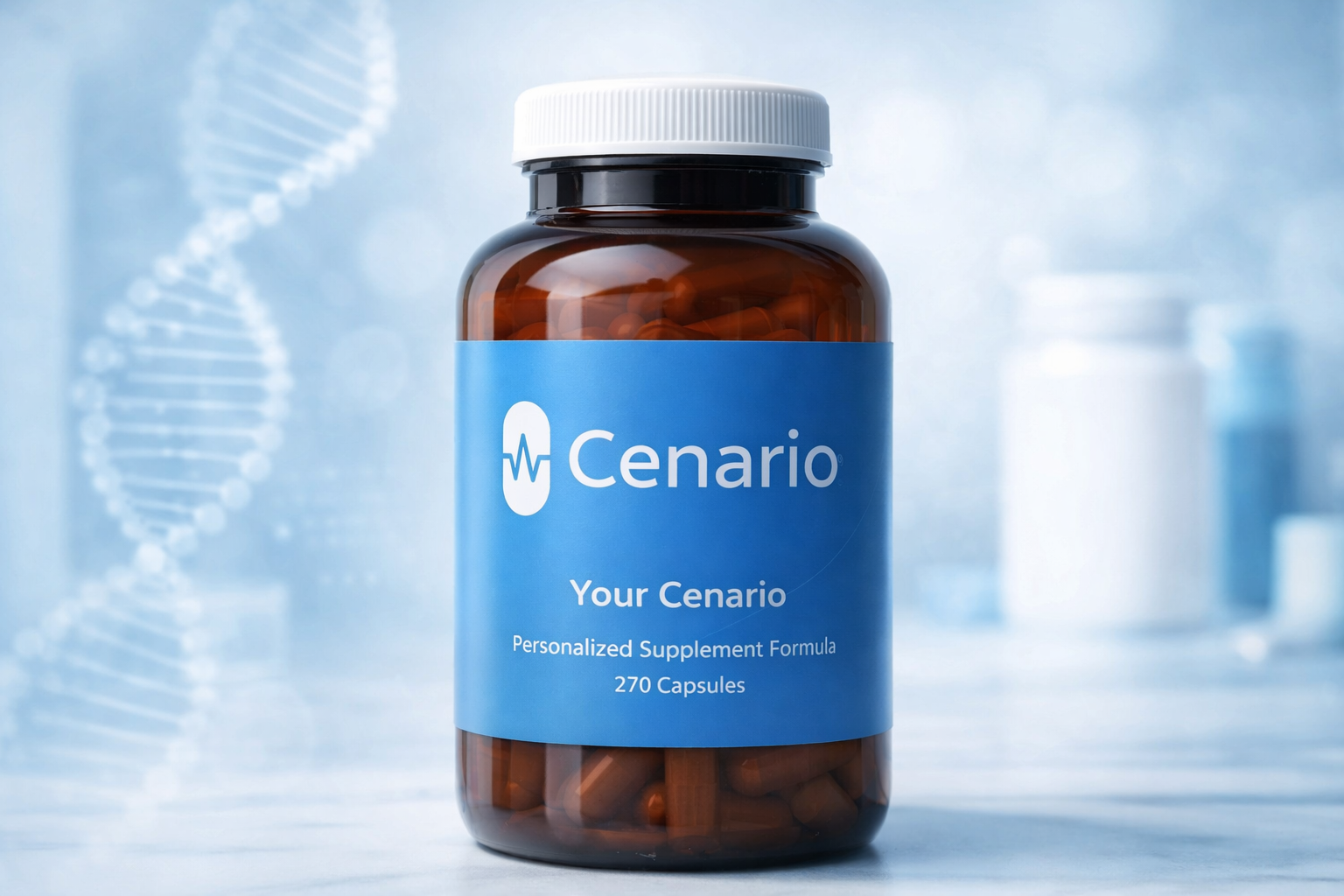 Brown supplement bottle with blue Cenario label and white cap
