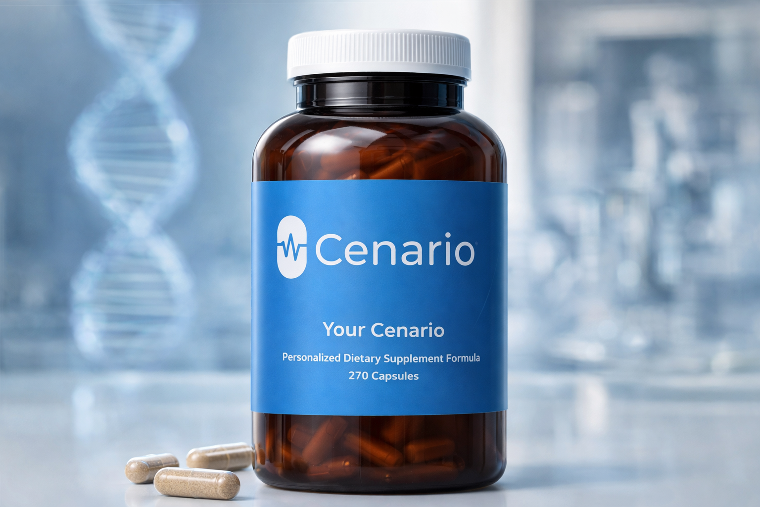 Bottle of Cenario dietary supplement capsules on a table