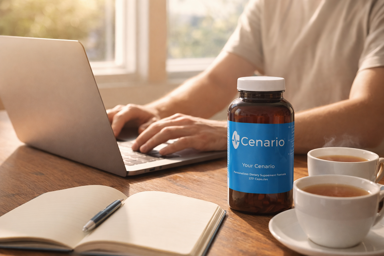 Cenario supplement bottle on table near laptop, notebook, and tea cups