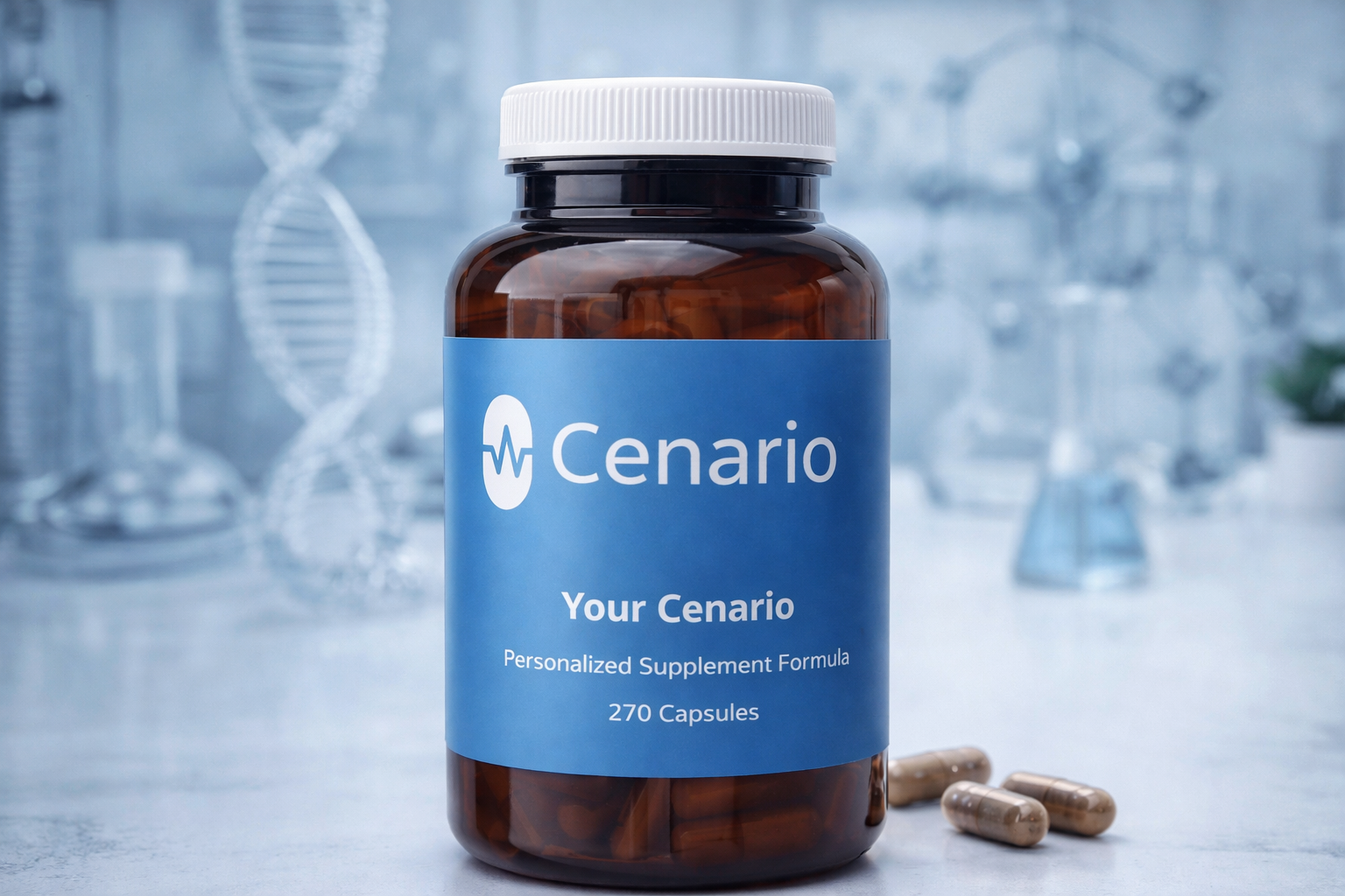 Brown supplement bottle labeled Cenario with capsules nearby