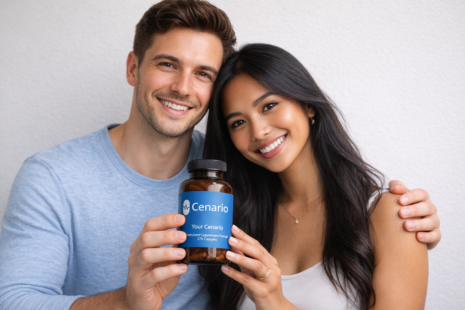Smiling couple holding Cenario supplement bottle