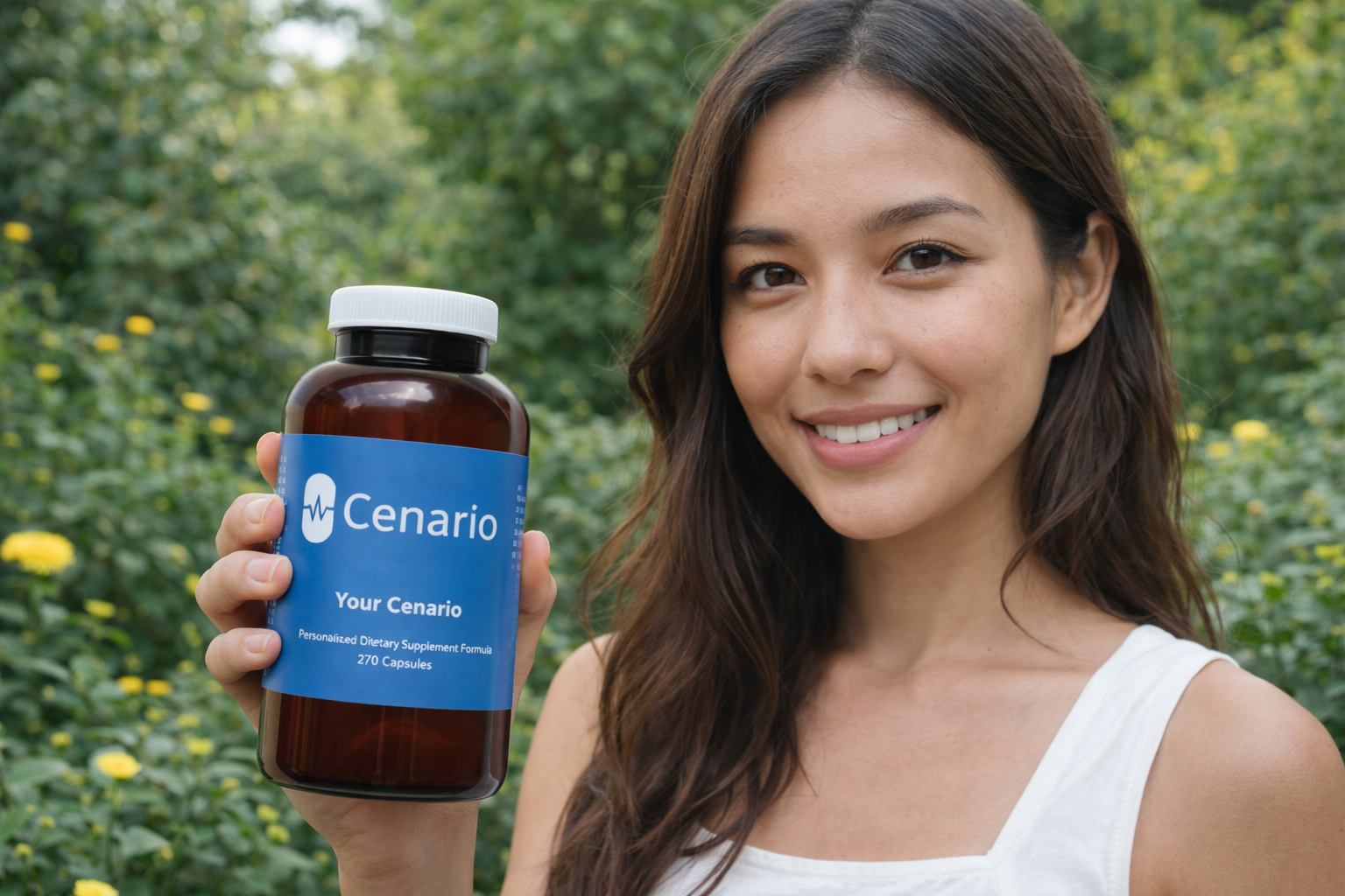 Smiling woman holding Cenario supplement bottle outdoors