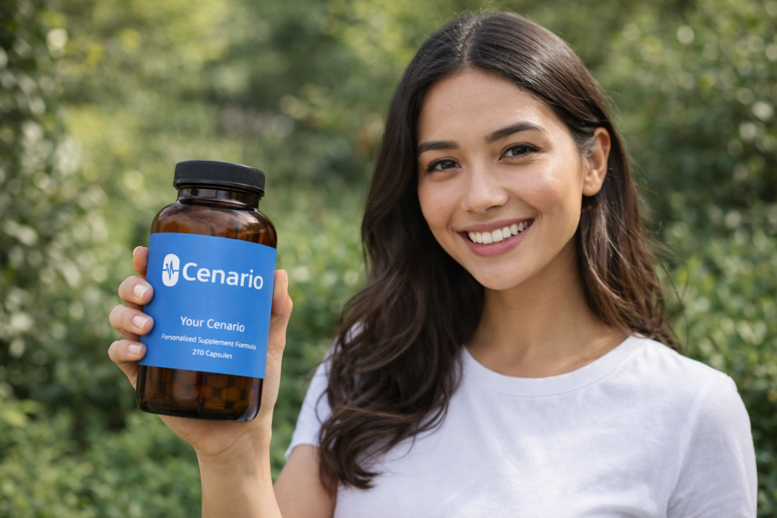 Smiling woman holding Cenario supplement bottle outdoors