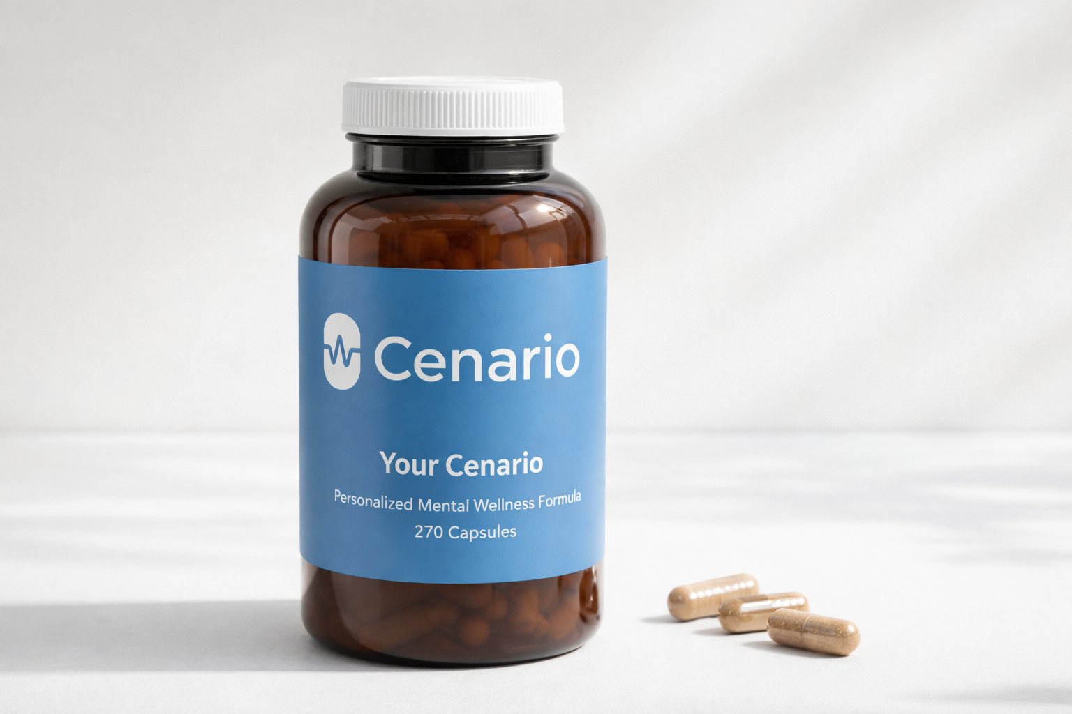 Cenario supplement bottle with capsules on white surface