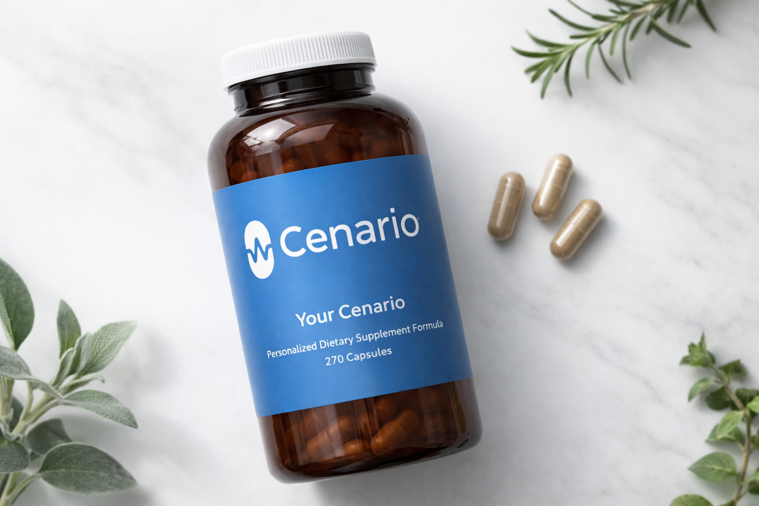 Cenario dietary supplement bottle with capsules and green leaves