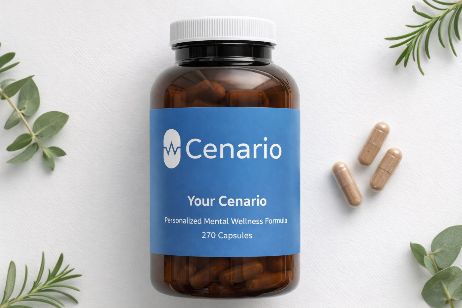 Bottle of Cenario mental wellness capsules with three loose capsules