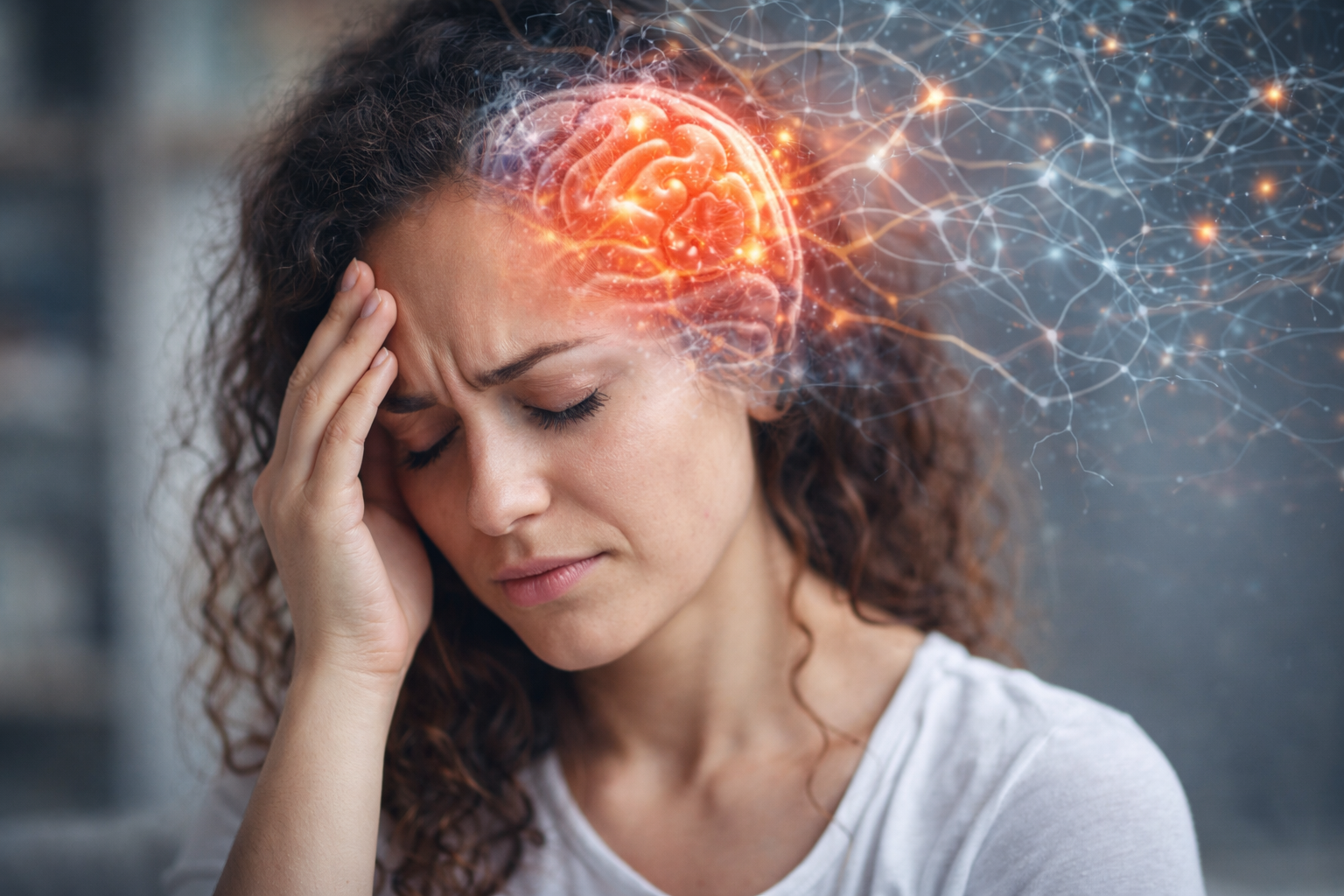 Woman holding head with glowing brain and neural network overlay