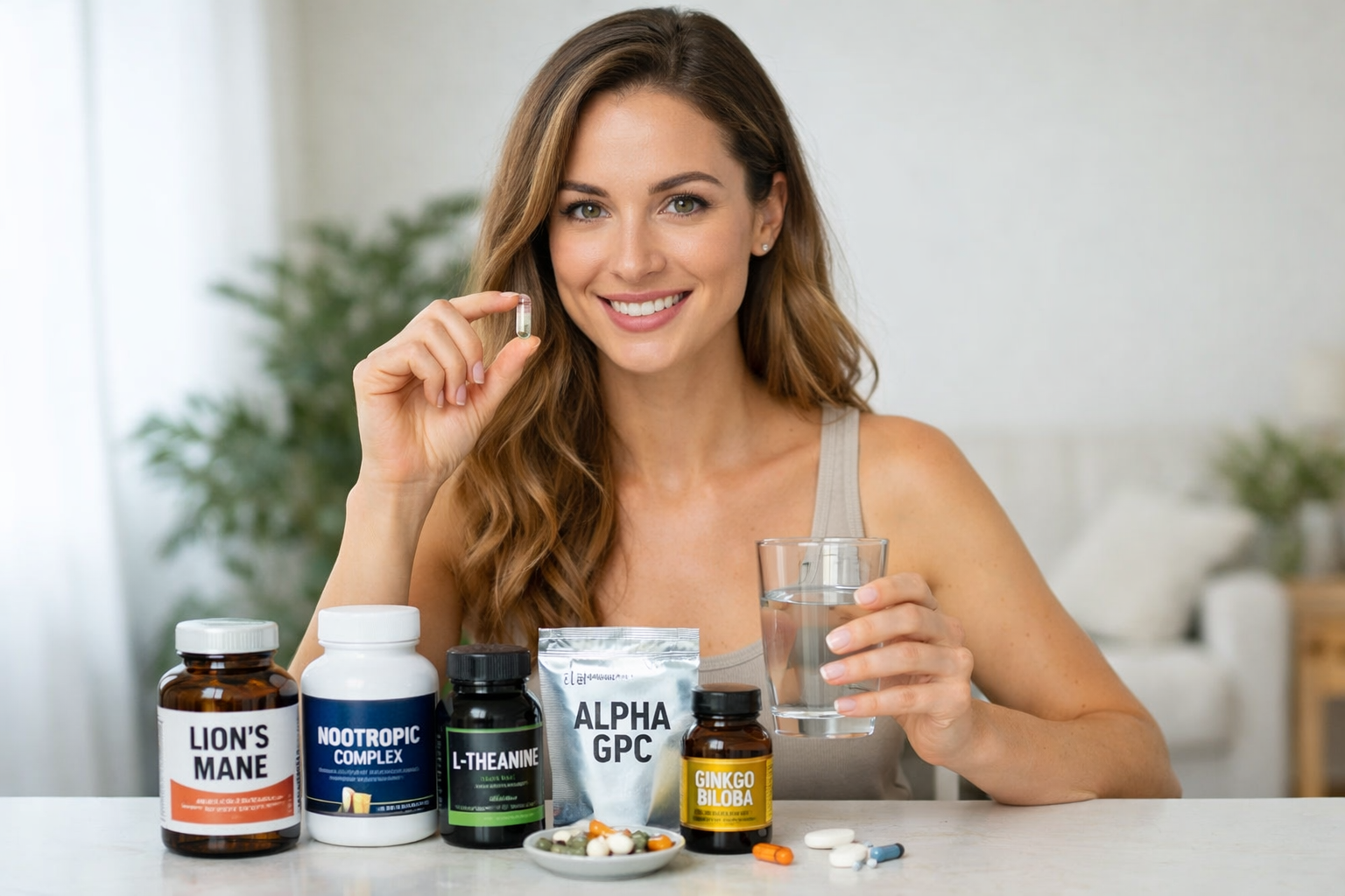 Smiling woman holding supplement capsule with bottles and glass of water