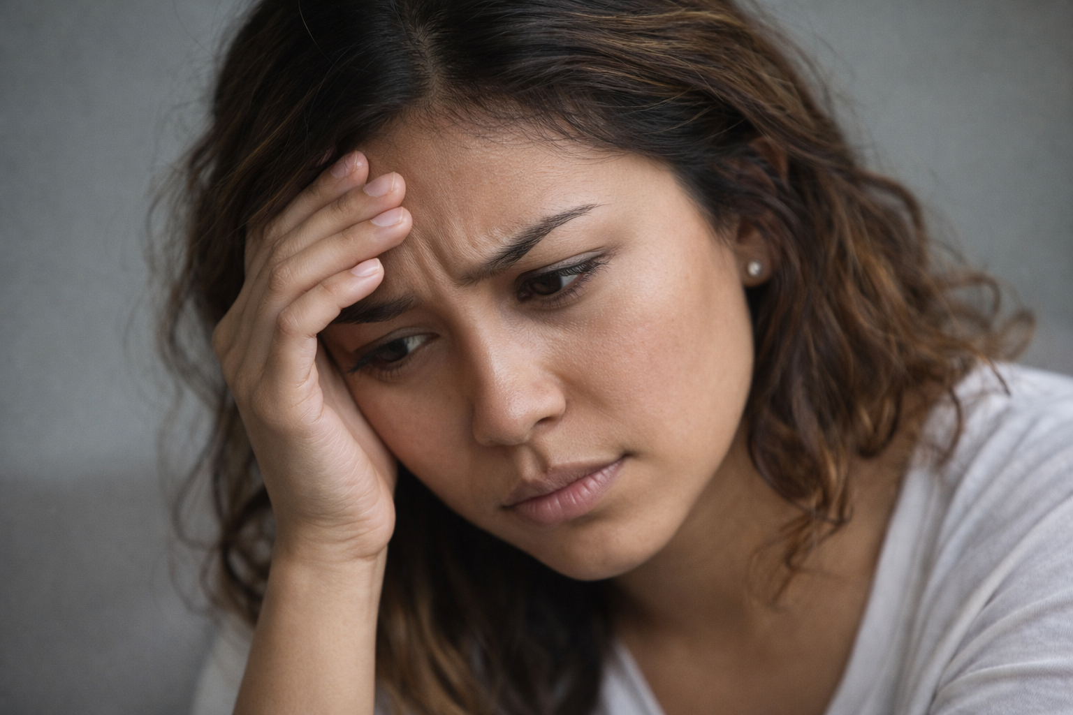 Worried woman resting her forehead on hand