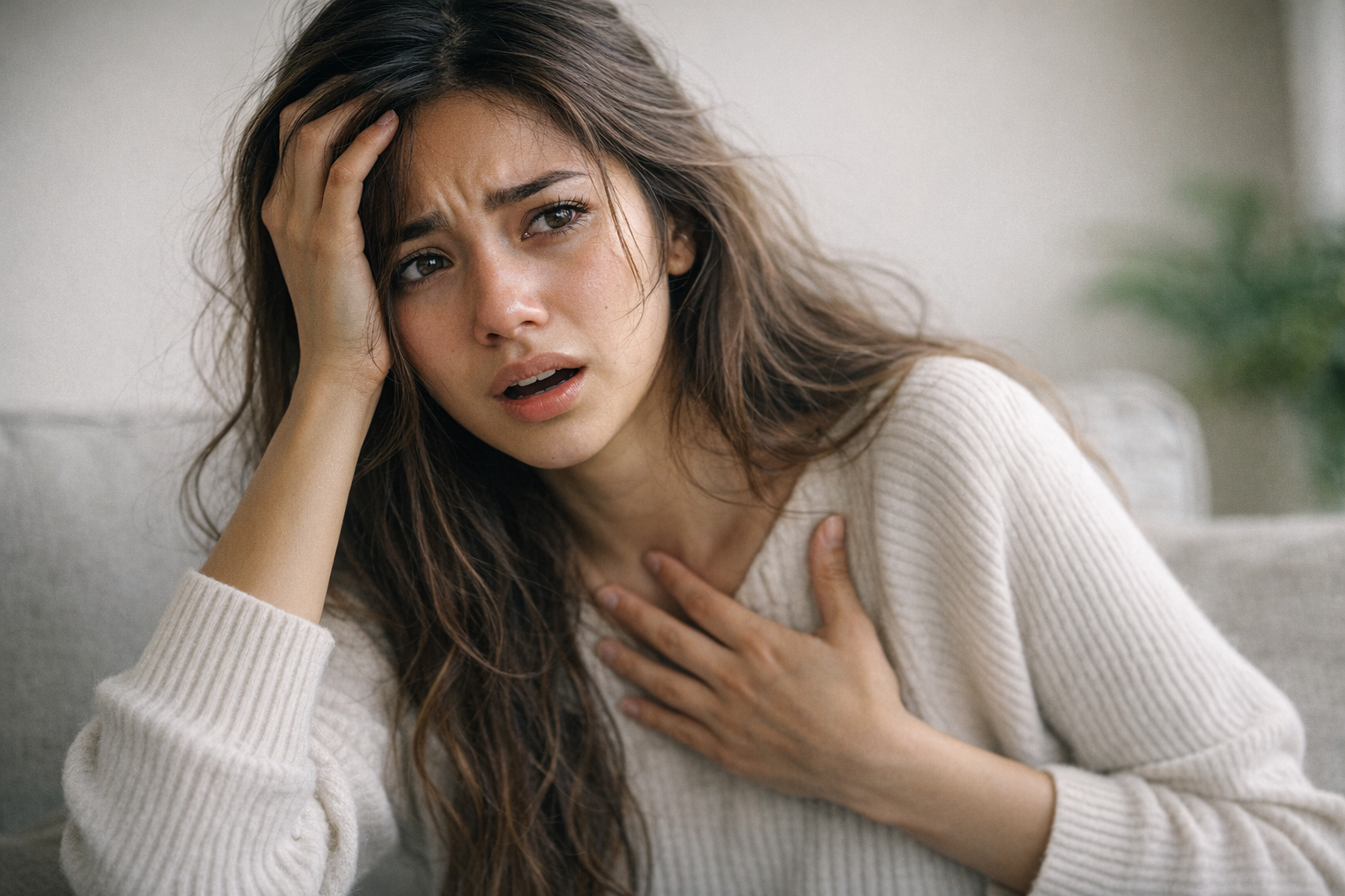 Worried woman holding head and chest in distress