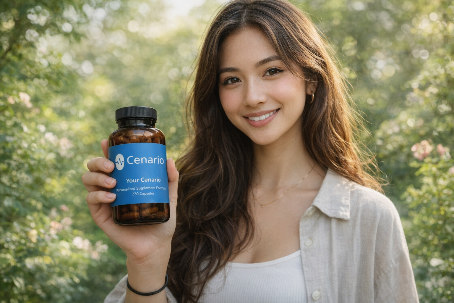 Smiling woman holding Cenario supplement bottle outdoors