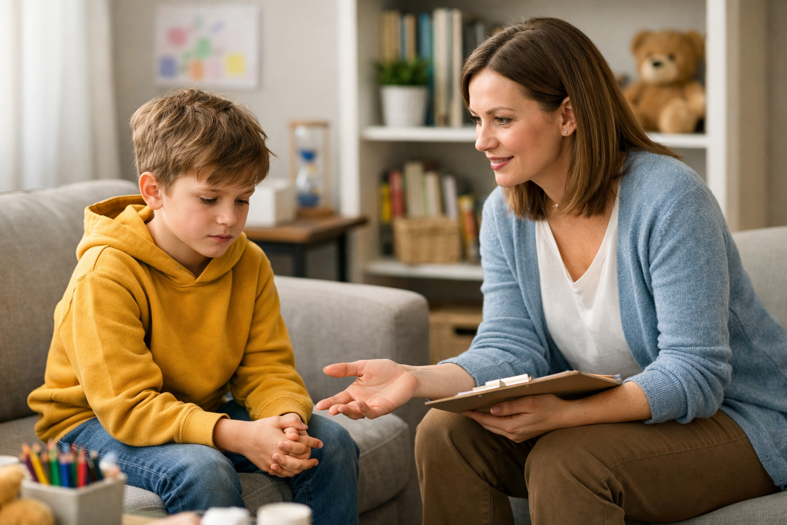 Woman talking gently with a thoughtful young boy
