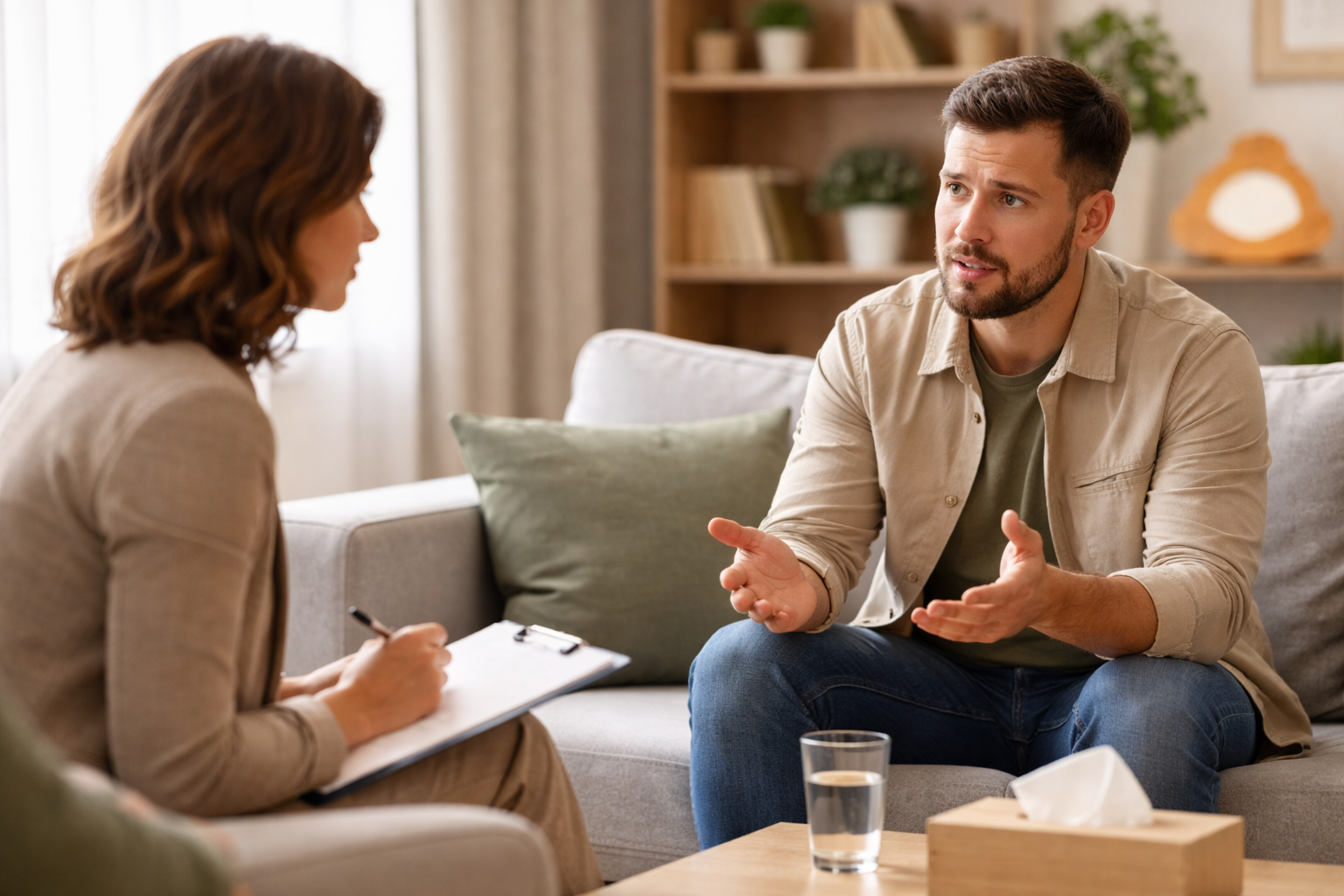 Man talking to female therapist during counseling session
