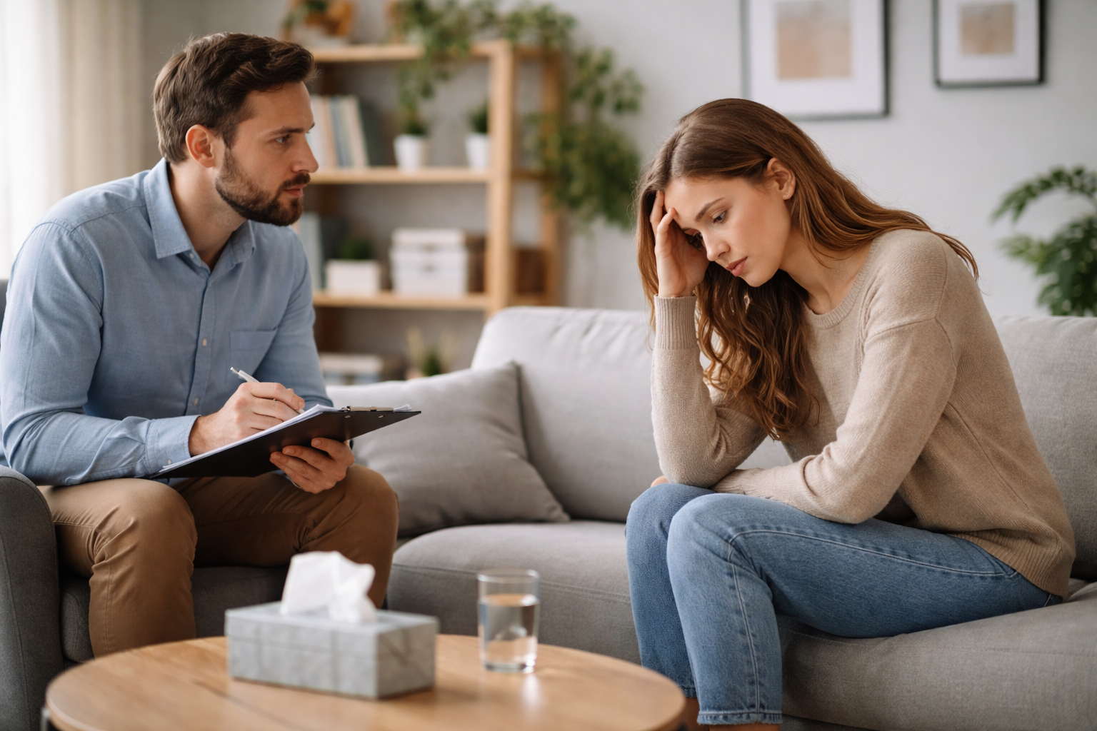 Woman looking distressed during therapy session with male therapist