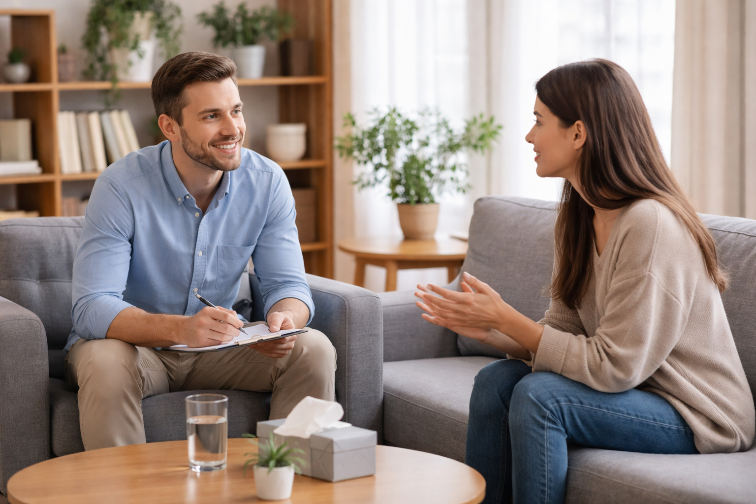 Woman talking to male therapist in cozy office