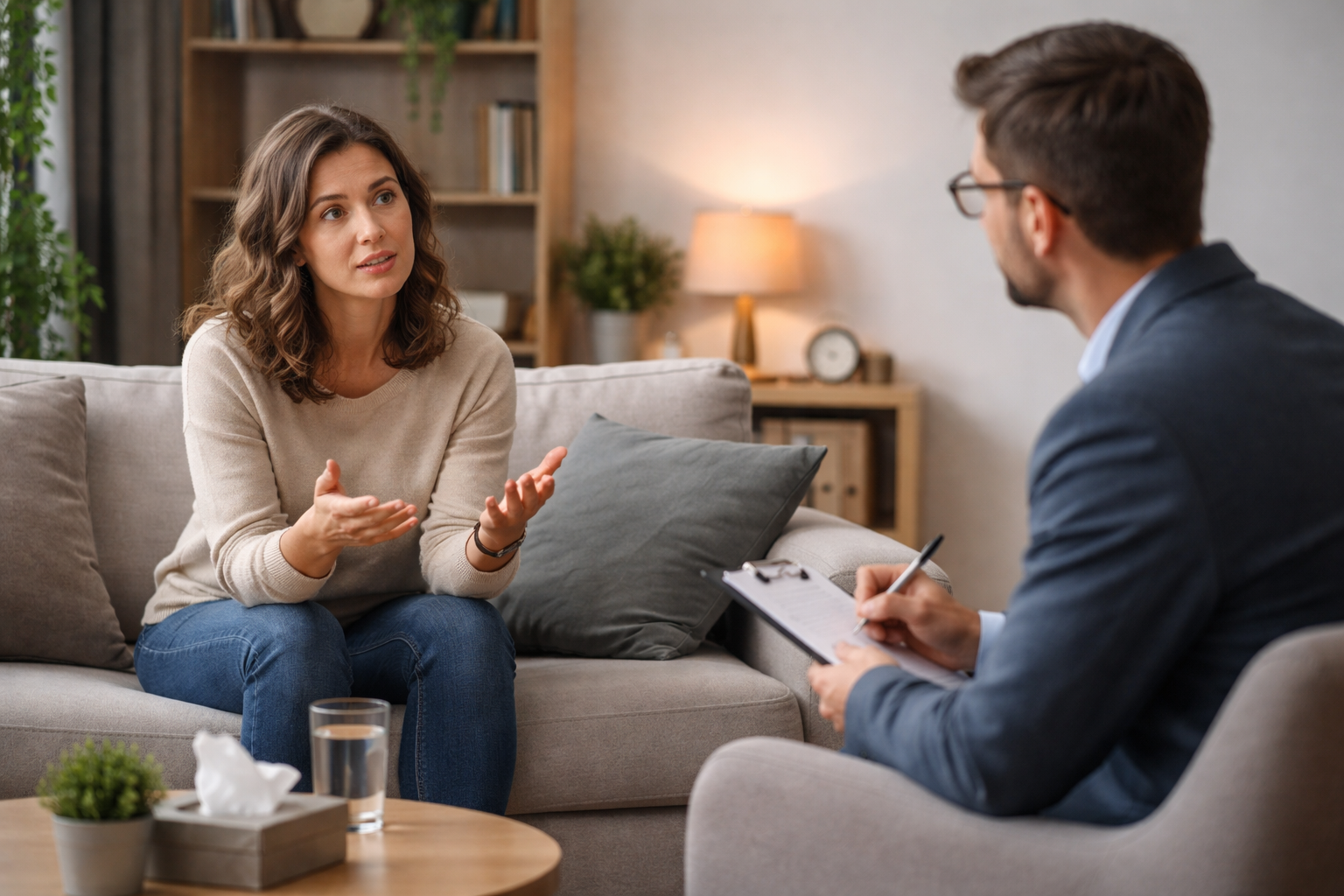 Woman talking while man takes notes during therapy session