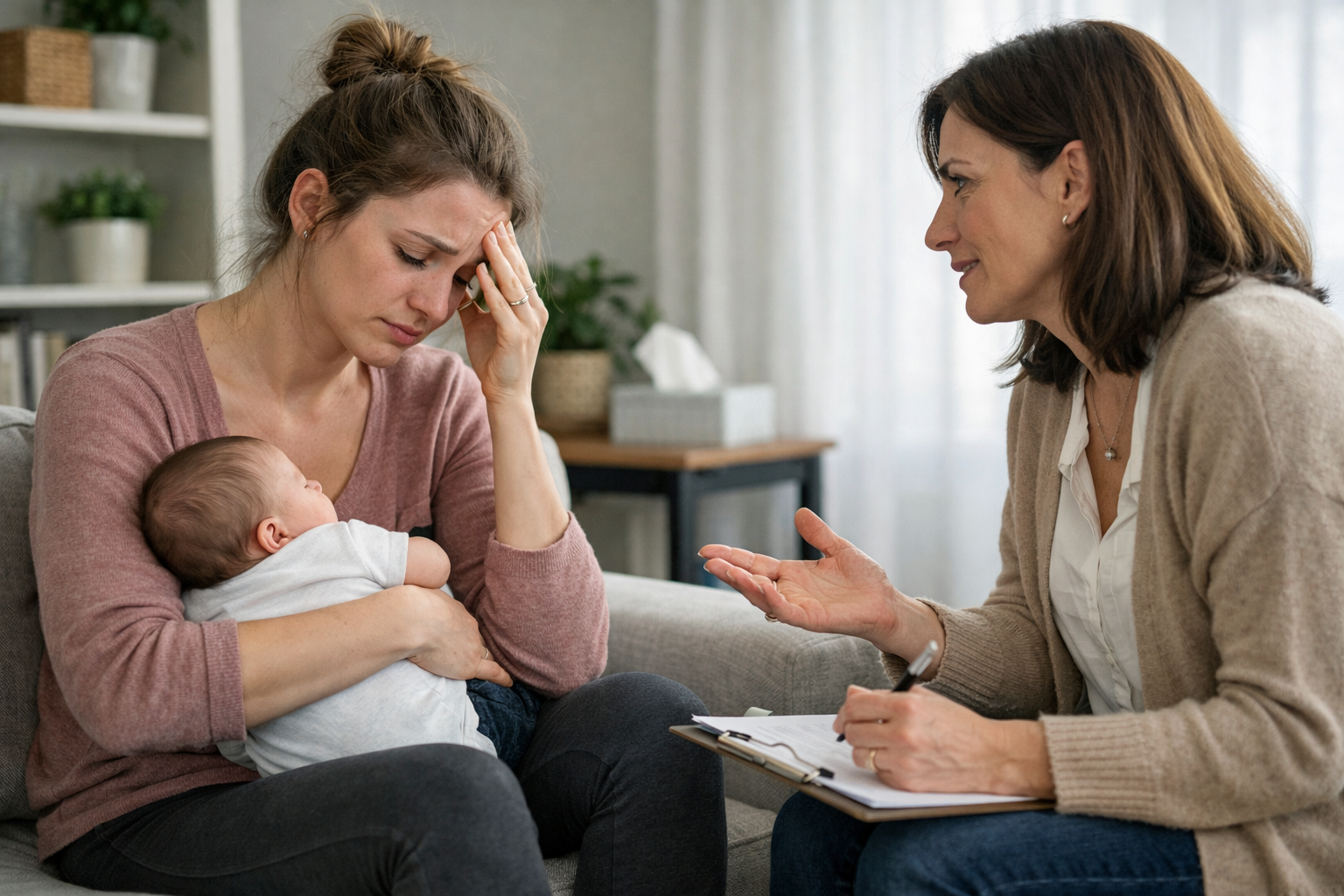 Concerned mother holding baby talking with counselor