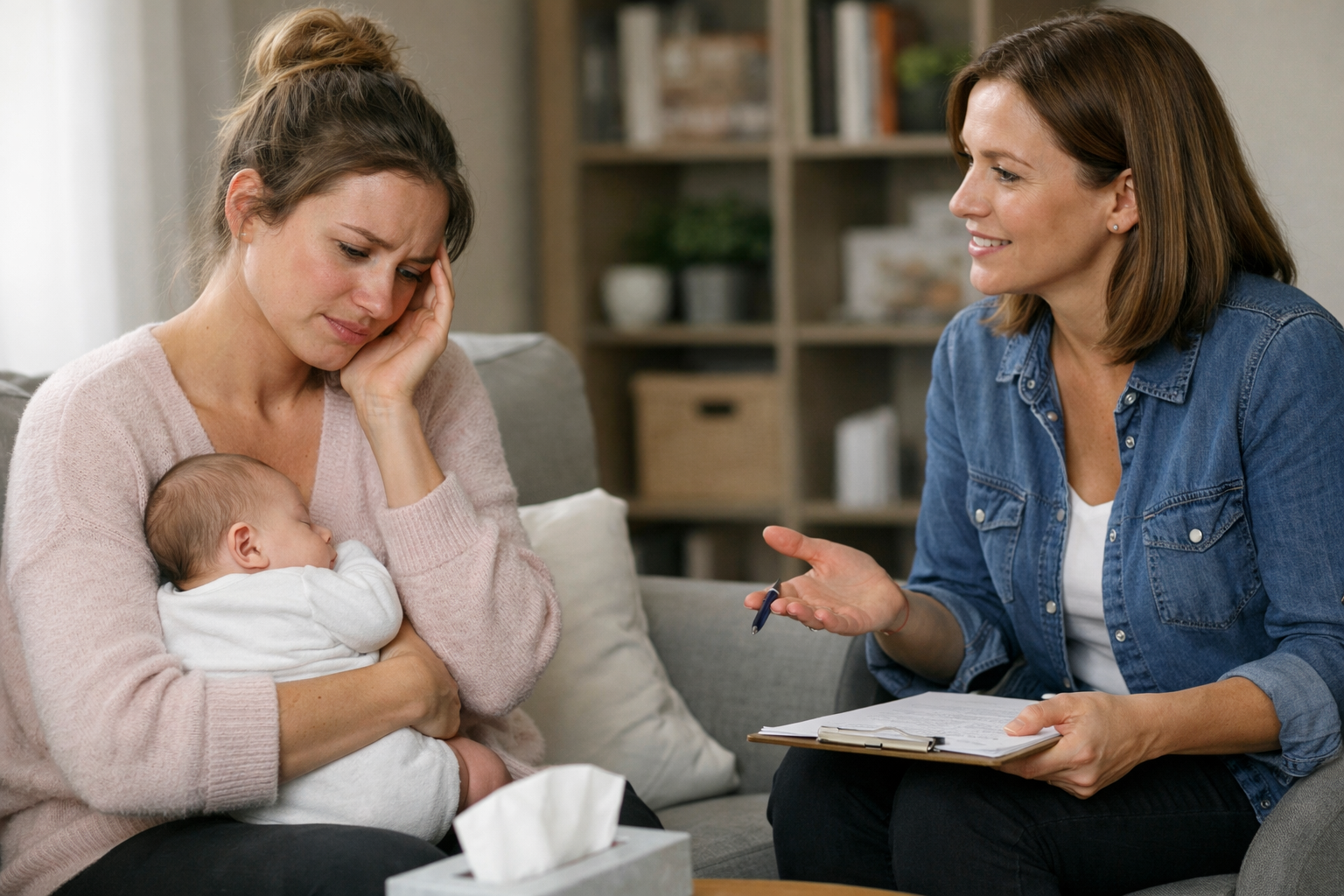 Tearful mother holding baby during counseling session