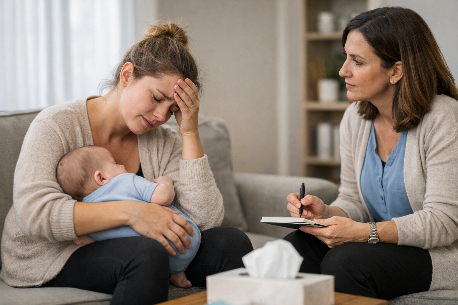 Worried mother holding baby talking with a female therapist