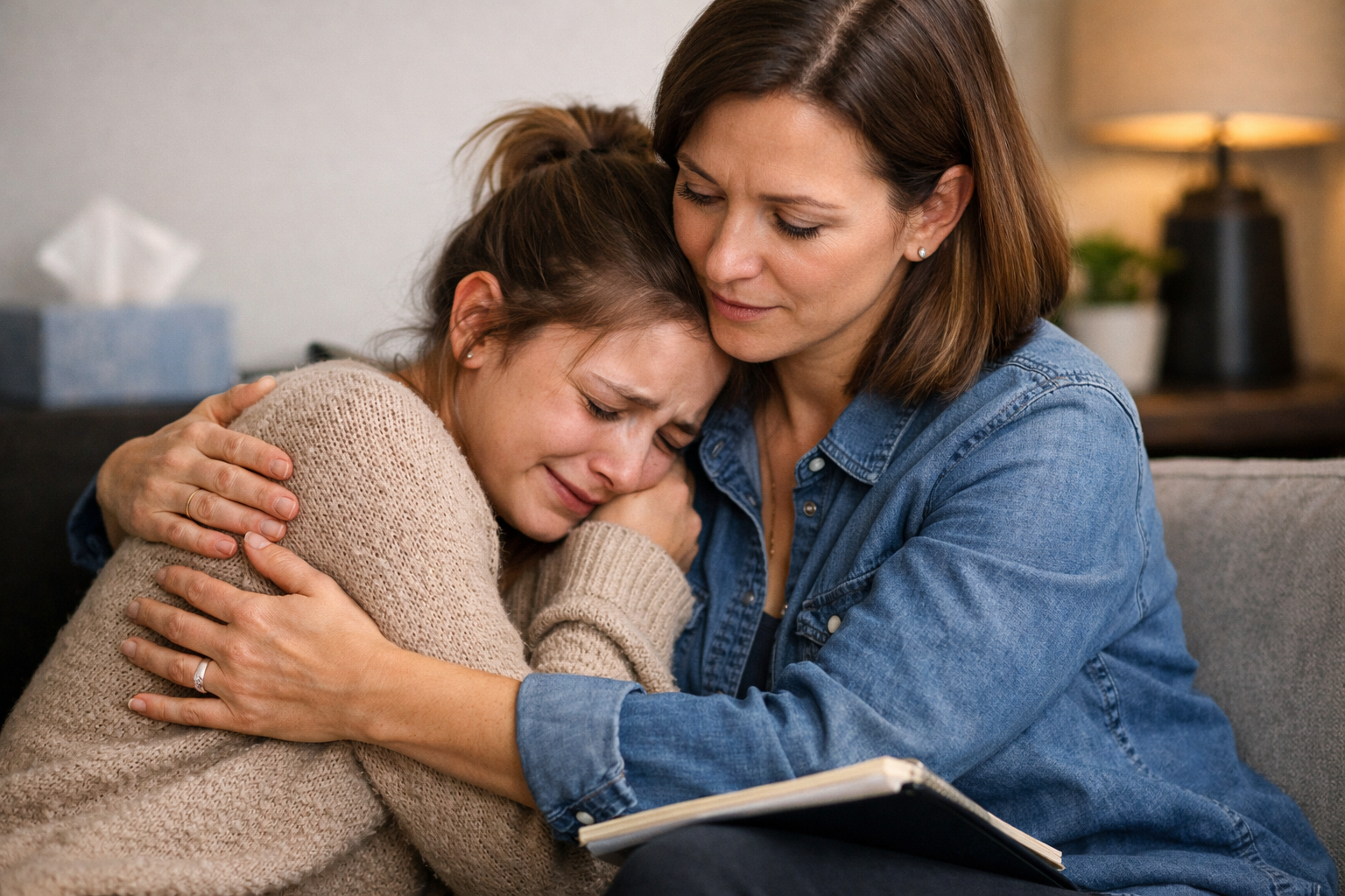 Woman comforting a crying young girl in a warm hug