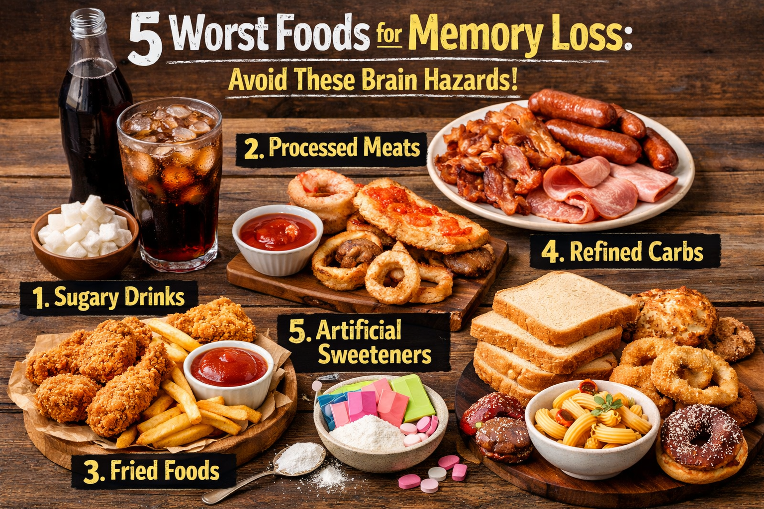 A selection of the five worst foods for memory loss, including processed meats, sugary drinks, refined carbs, fried foods, and foods high in trans fats.