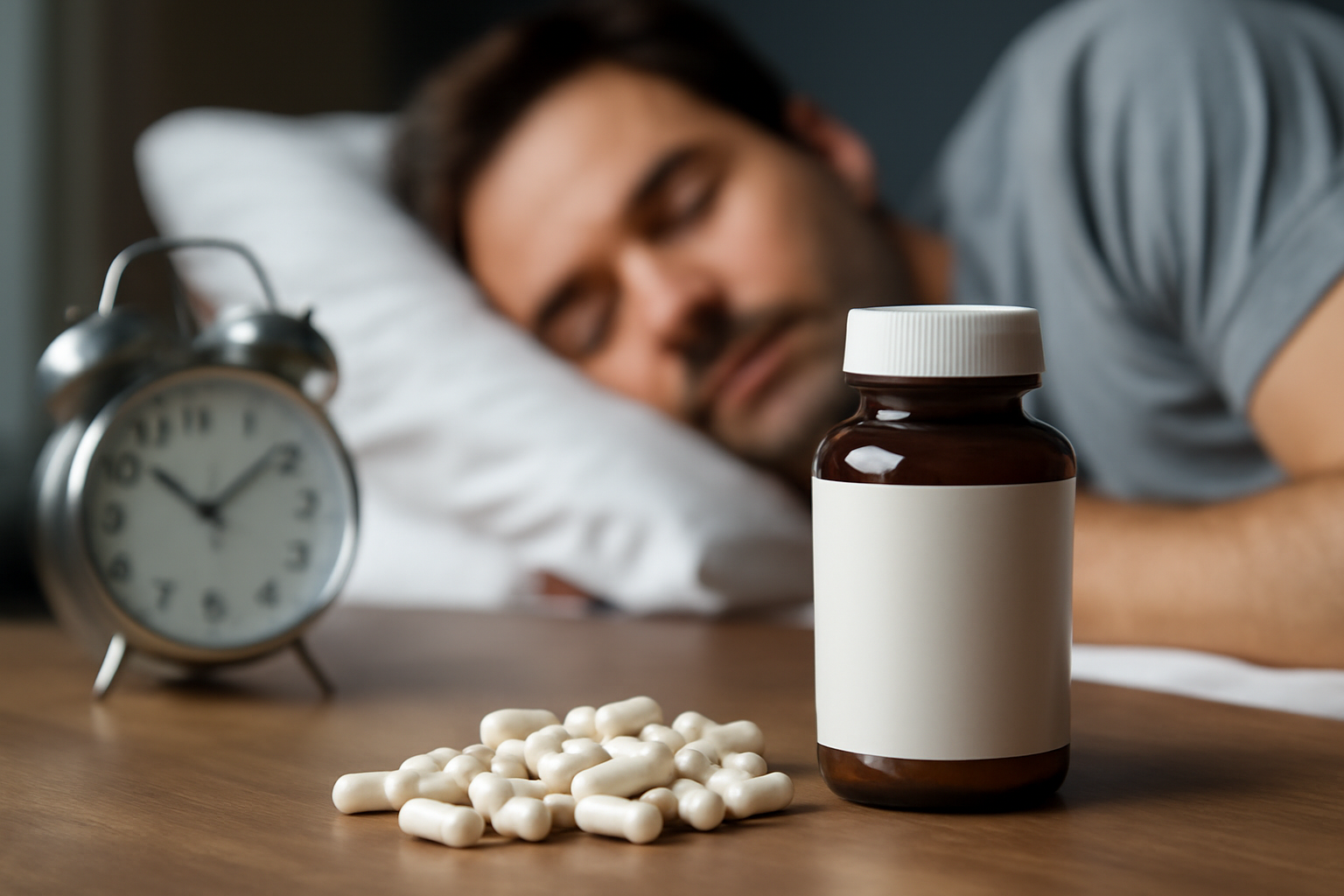 Sleeping man with pill bottle and capsules on bedside table