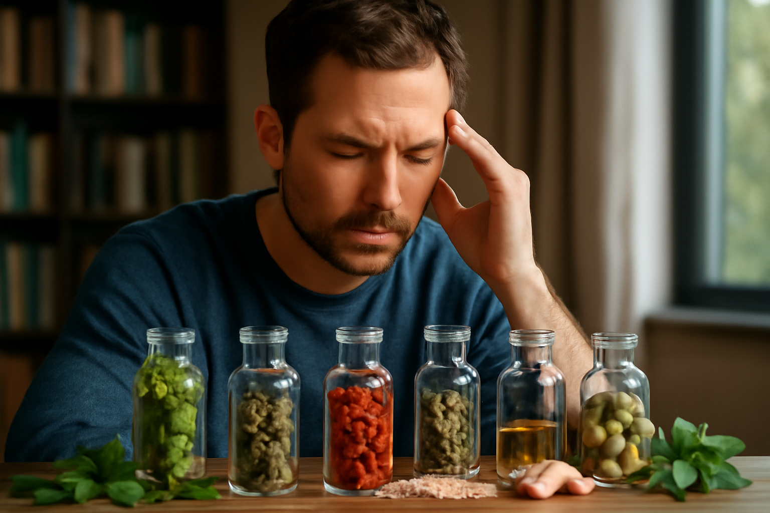 Man with headache looking at jars of herbs and oils