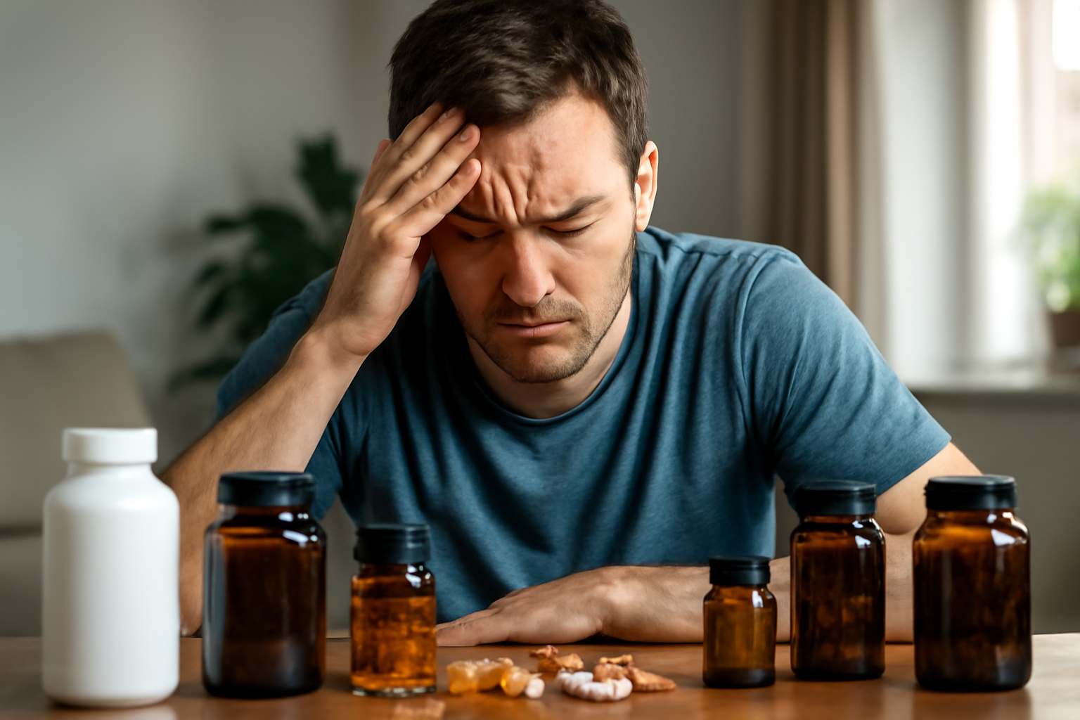 Man looking stressed with various supplement bottles on table