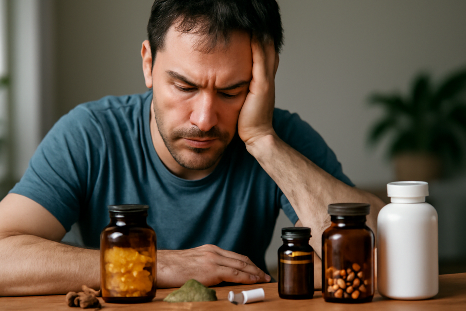 Man looking thoughtfully at various supplement bottles and powders
