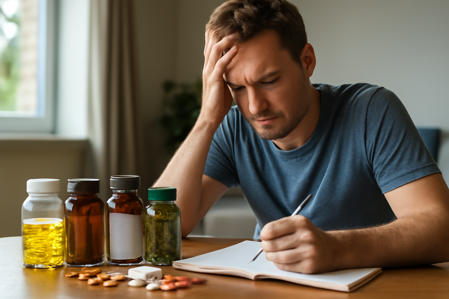 Man with headache writing notes near supplement bottles and pills