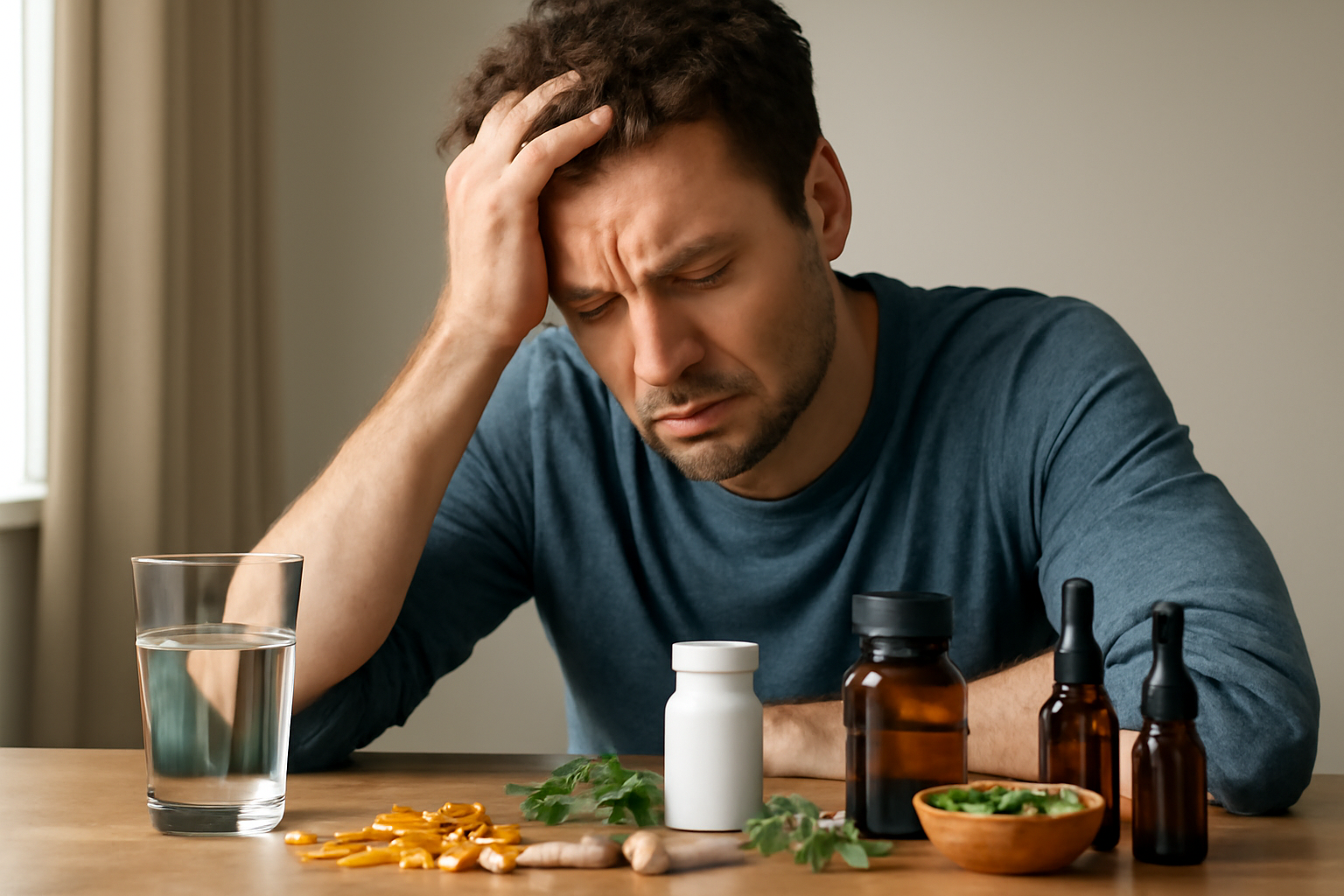Man looking stressed with various supplements and water on table